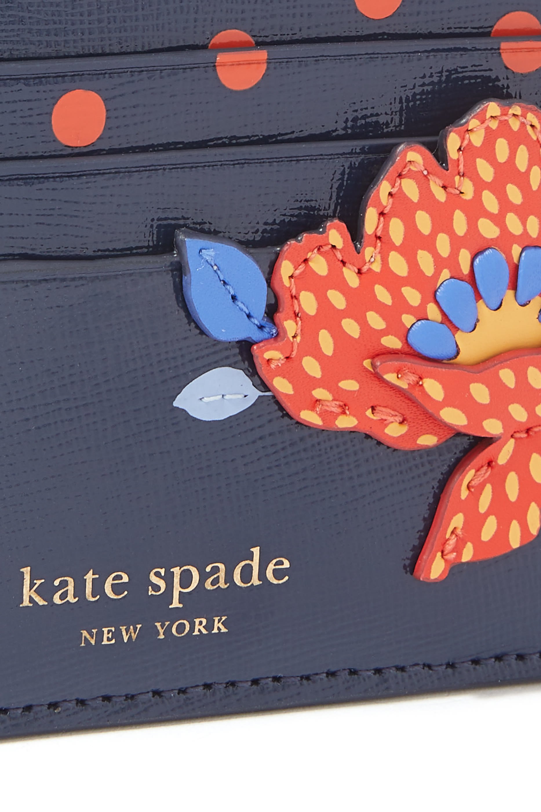 Dotty Bloom Flower Applique Leather Card Holder