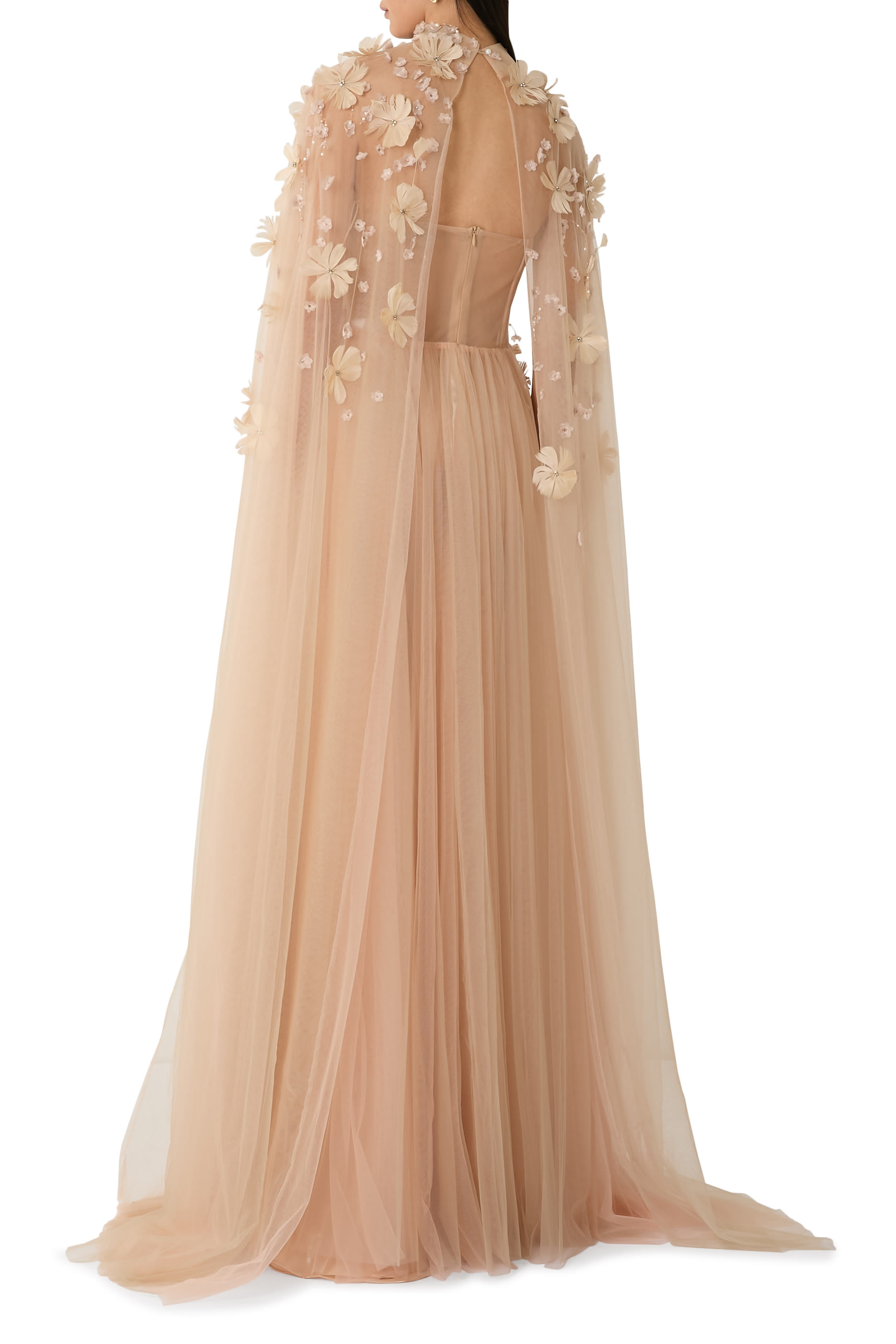 Strapless Floral Gown with Cape 