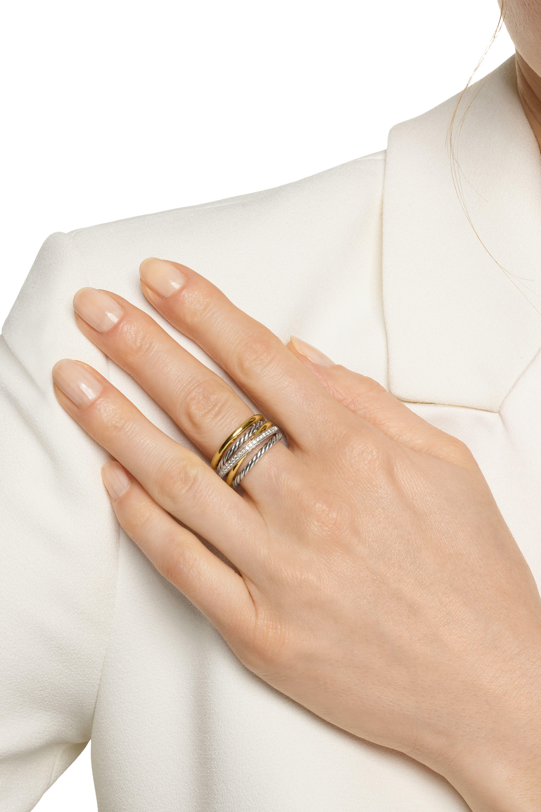 Crossover Five Row Ring, 18k Yellow Gold, Sterling Silver & Diamonds