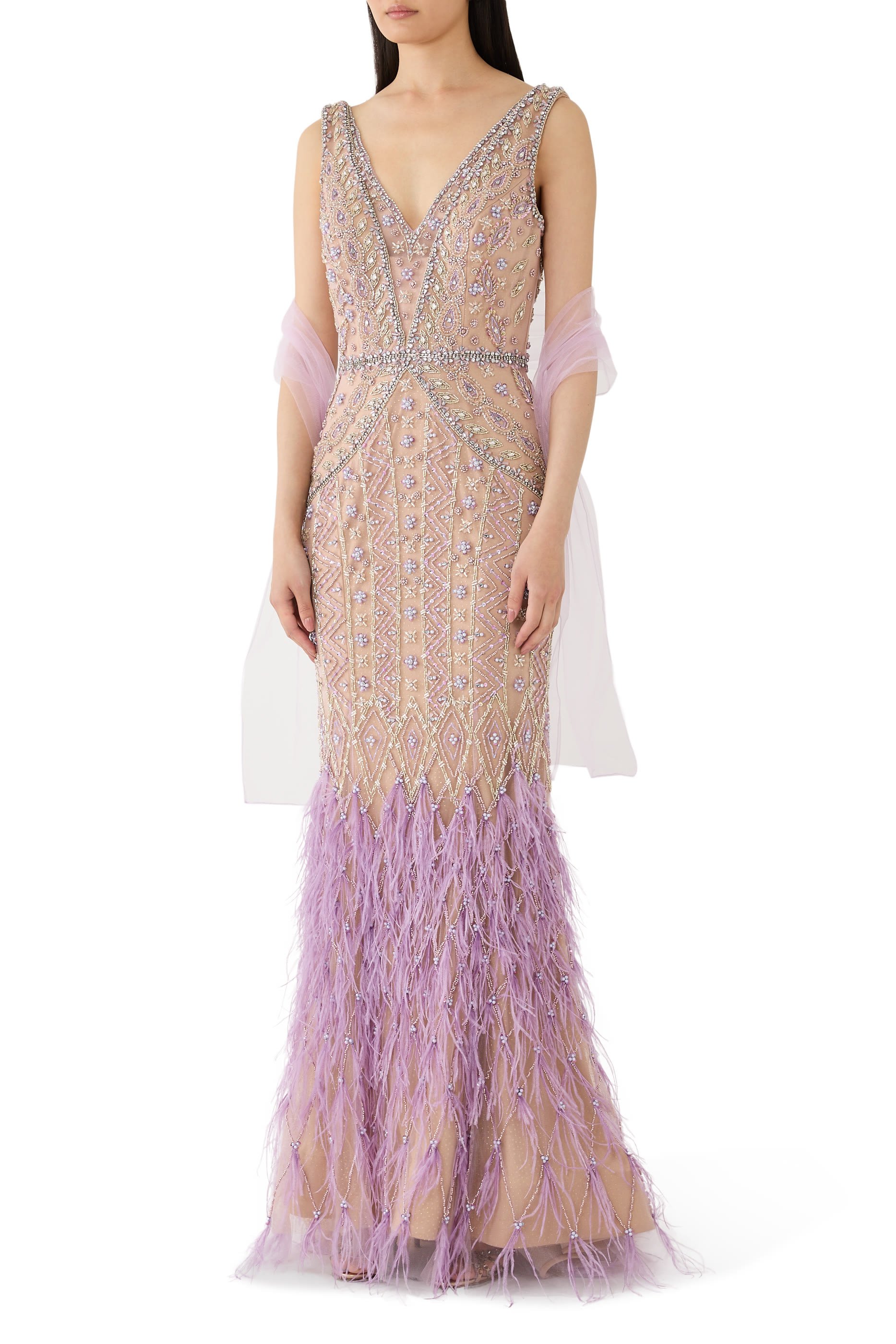 Feather Trim Embellished Evening Dress