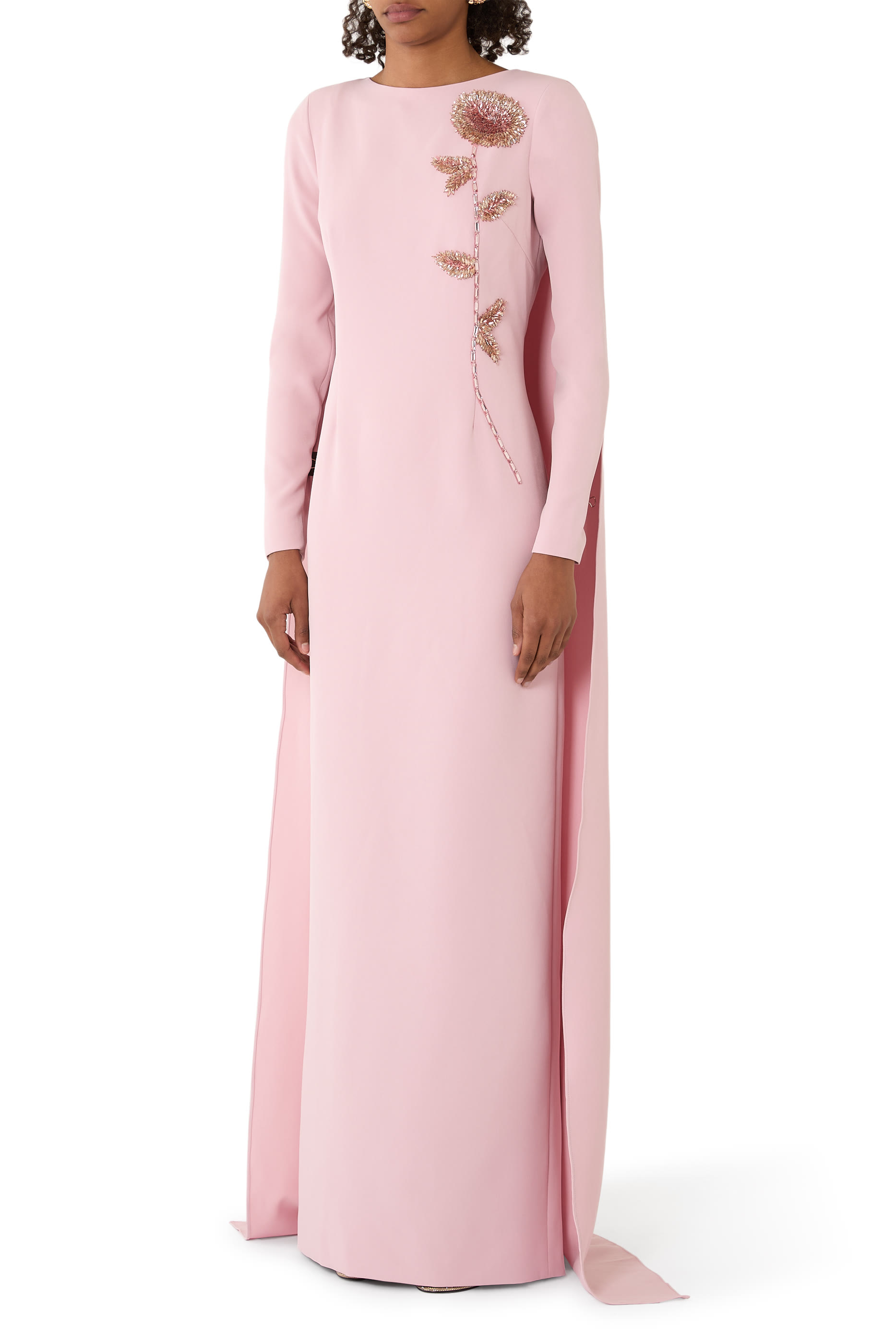Crepe Beaded Flower Applique Cape Back Gown