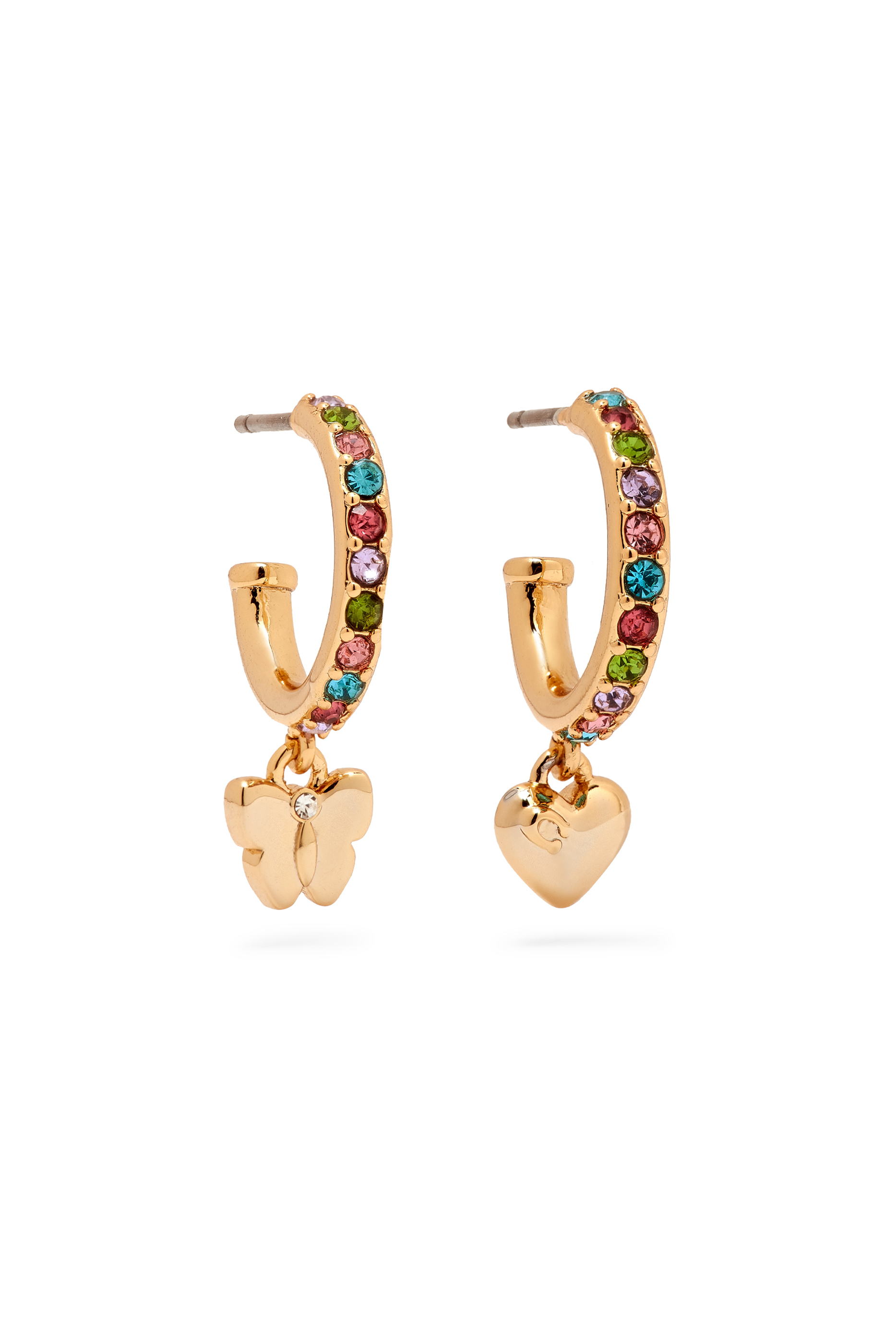 Butterfly Charm Huggie Earrings, Plated Brass & Crystals