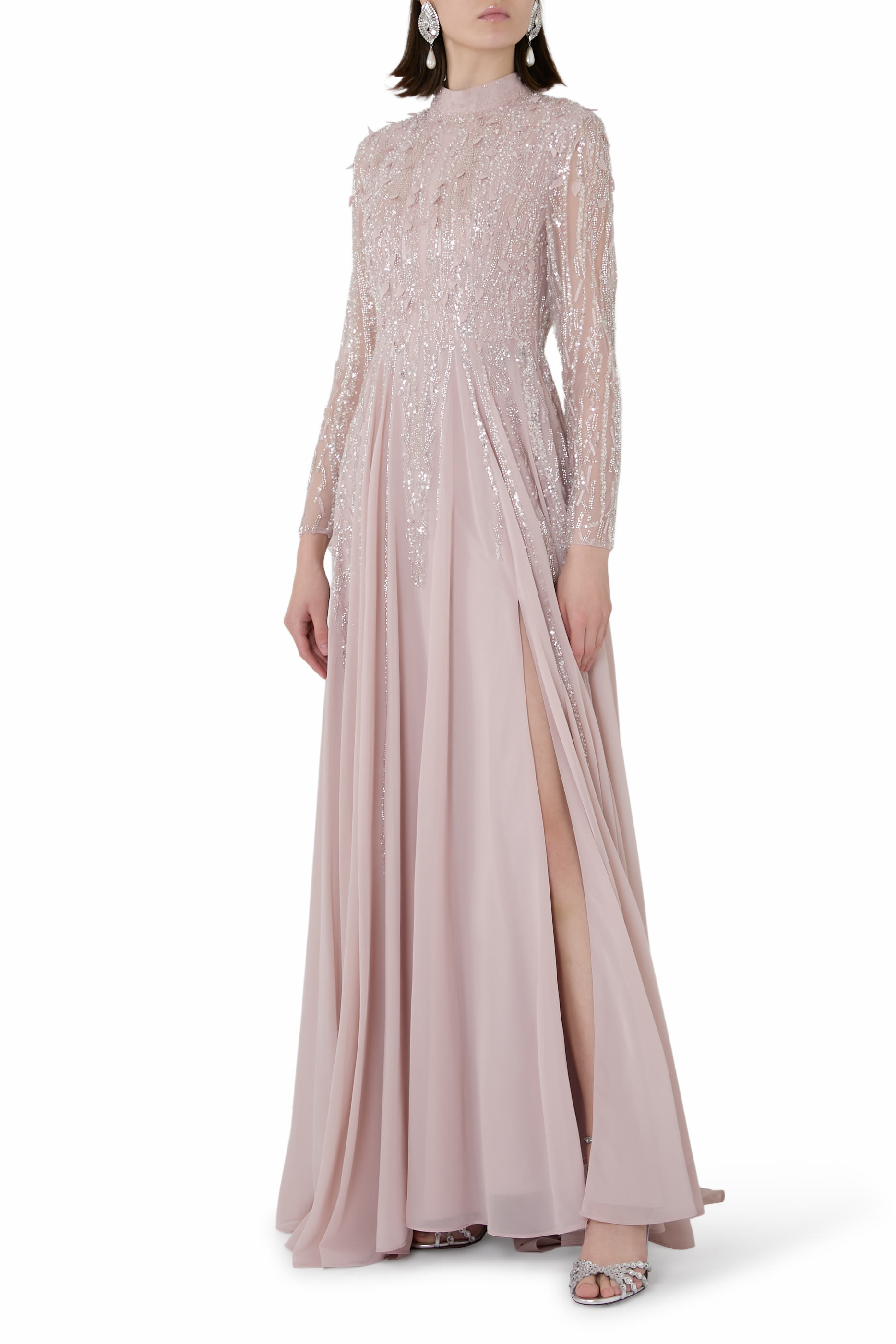  Embellished Long Sleeve Gown with Slit 
