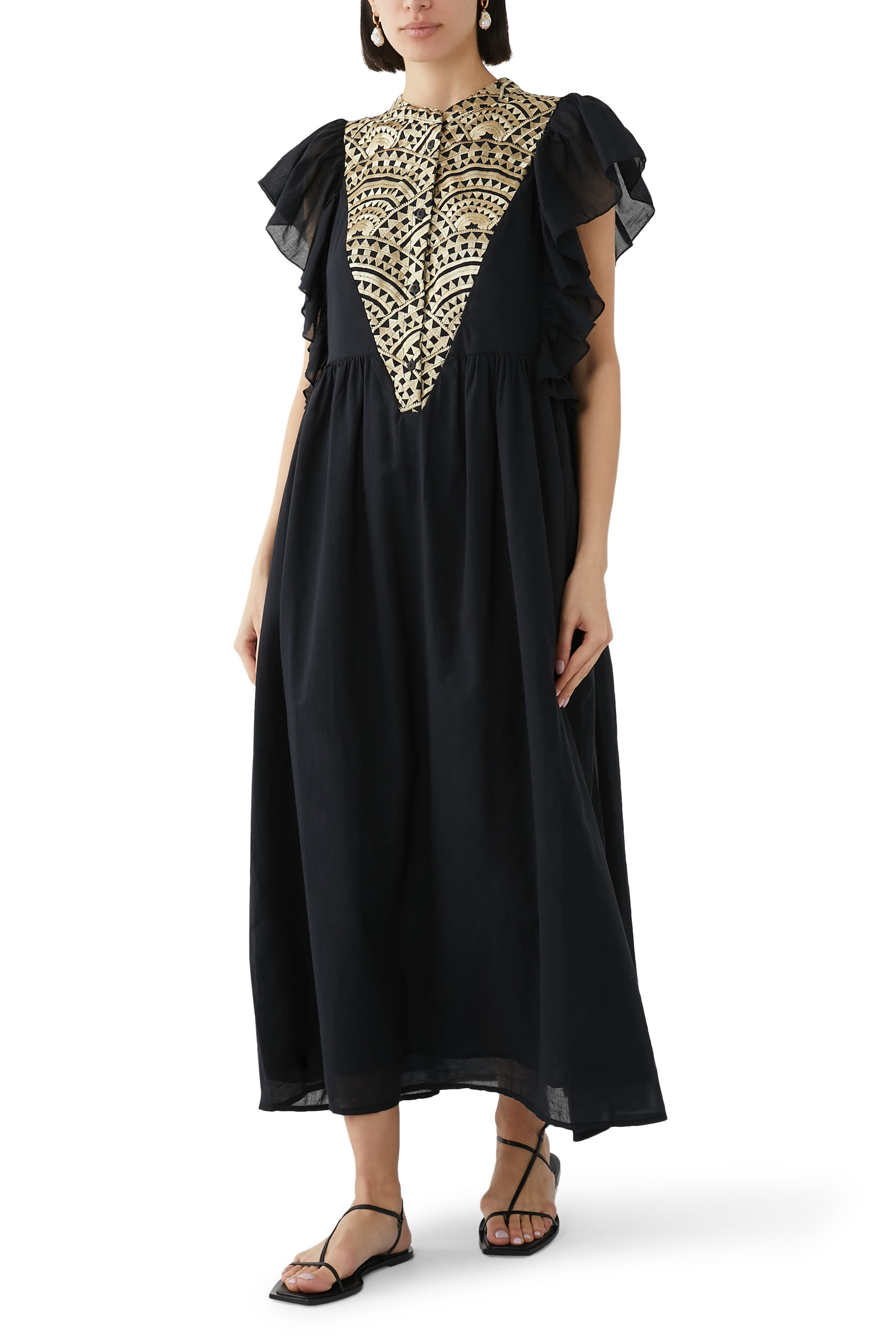 V Embroidered Midi Dress