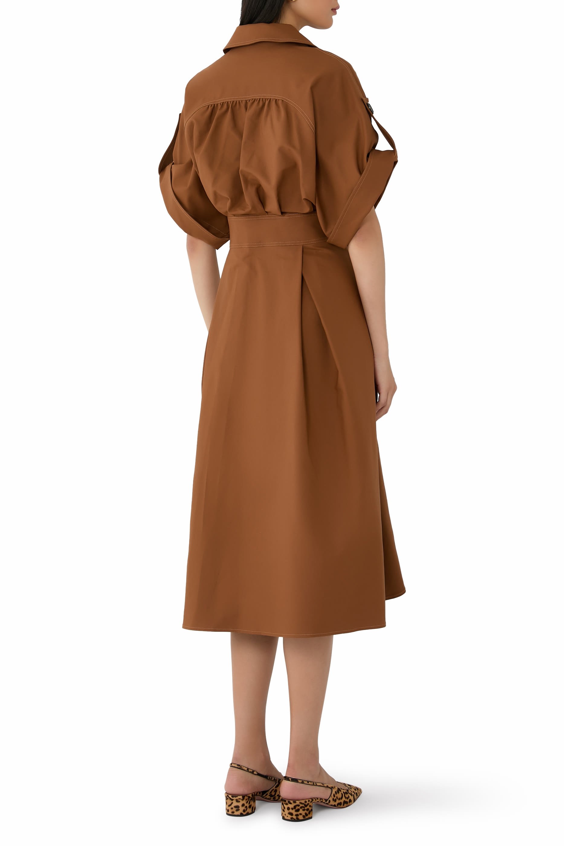 Wide Sleeves Belted Sateen Shirtdress