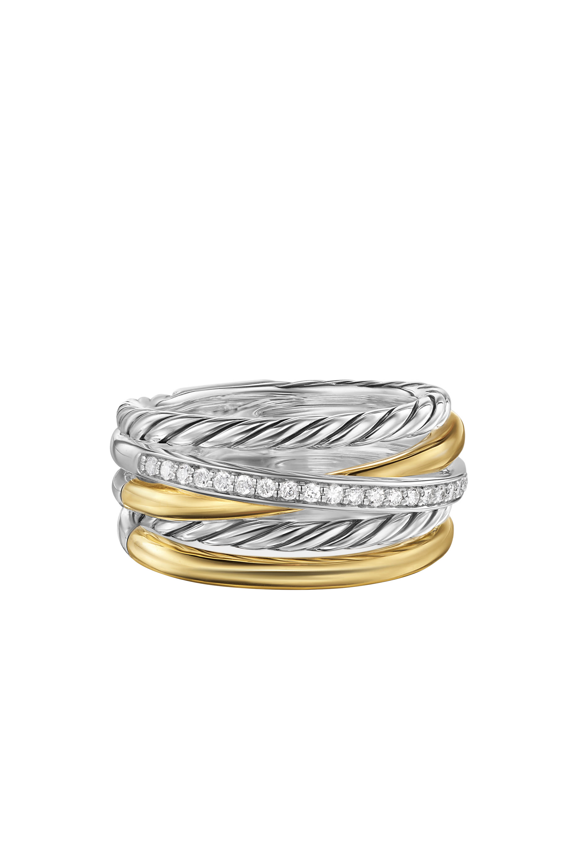 Crossover Five Row Ring, 18k Yellow Gold, Sterling Silver & Diamonds