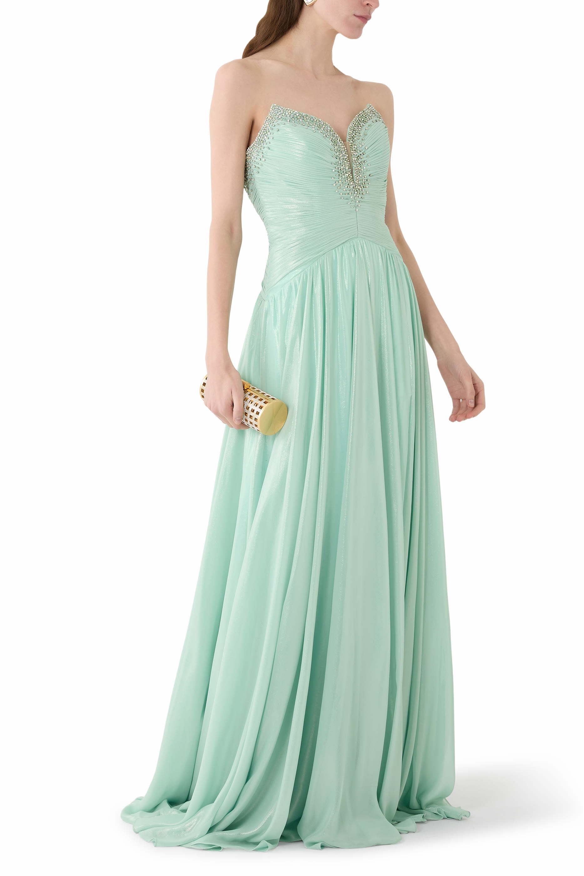  Strapless Shimmer Gown with Deep V Neckline