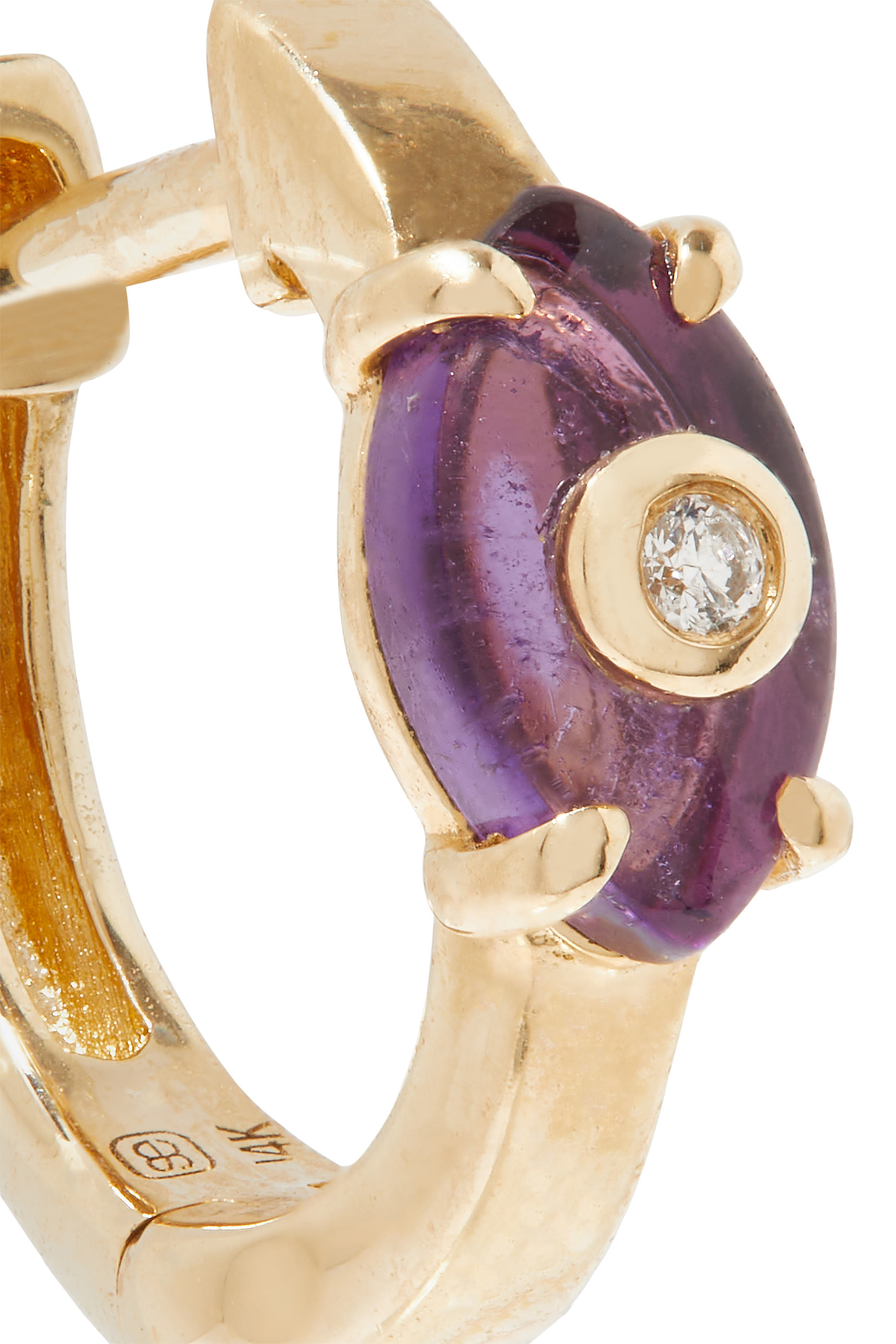 Tiny Carved Stone Huggie Earrings, 14k Yellow Gold, Amethyst & Diamond