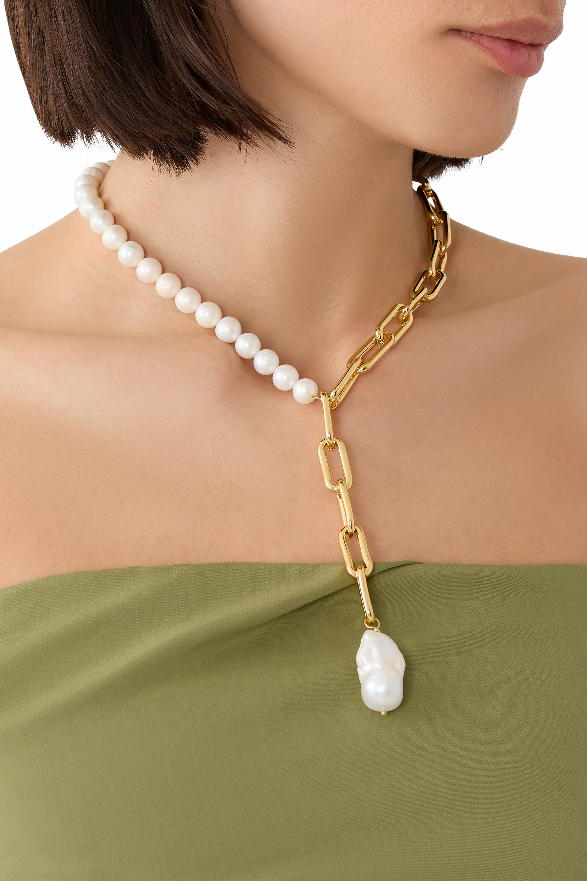 Half & Half Necklace, 24k Gold Plated Brass & Freshwater Pearls