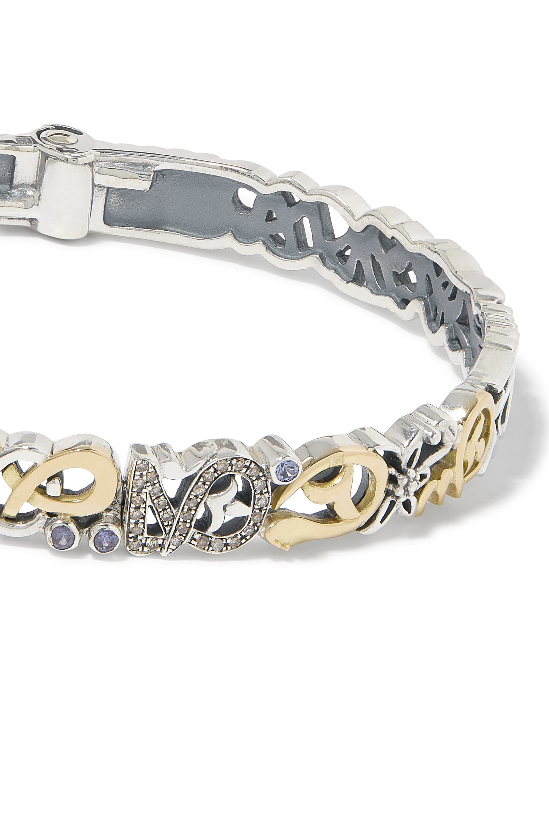 Tales of Calligraphy Bangle, 18k Gold with Sterling Silver & Champagne Diamonds