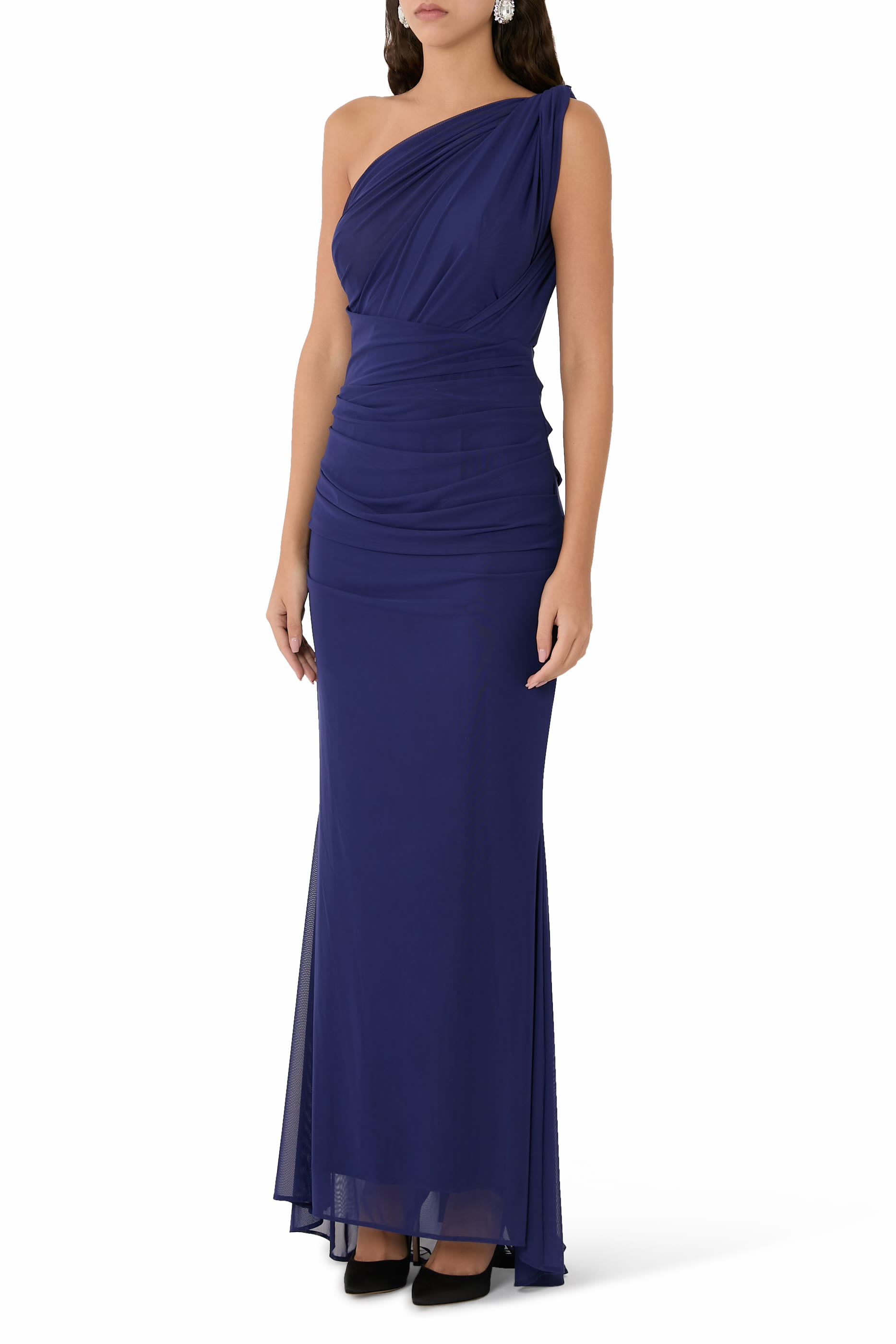 One-Shoulder Gathered Stretch-Mesh Maxi Dress