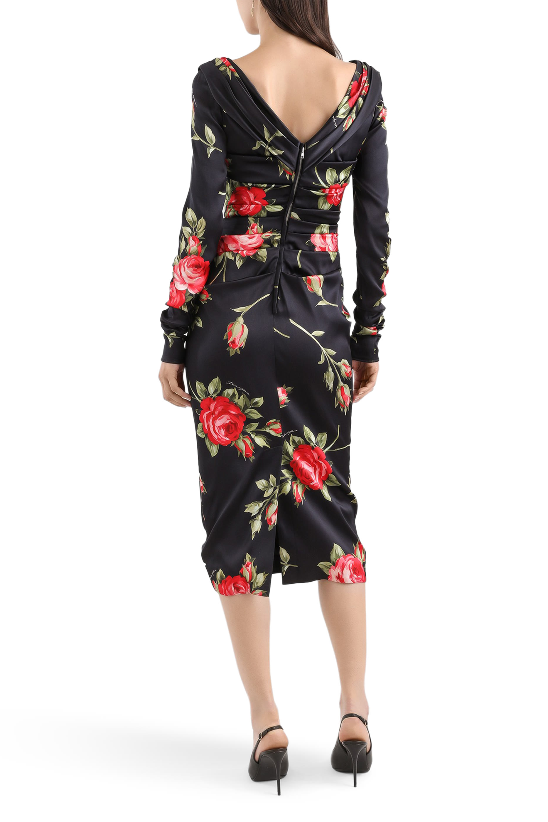 Rose Bouquet-Print Draped Satin Dress