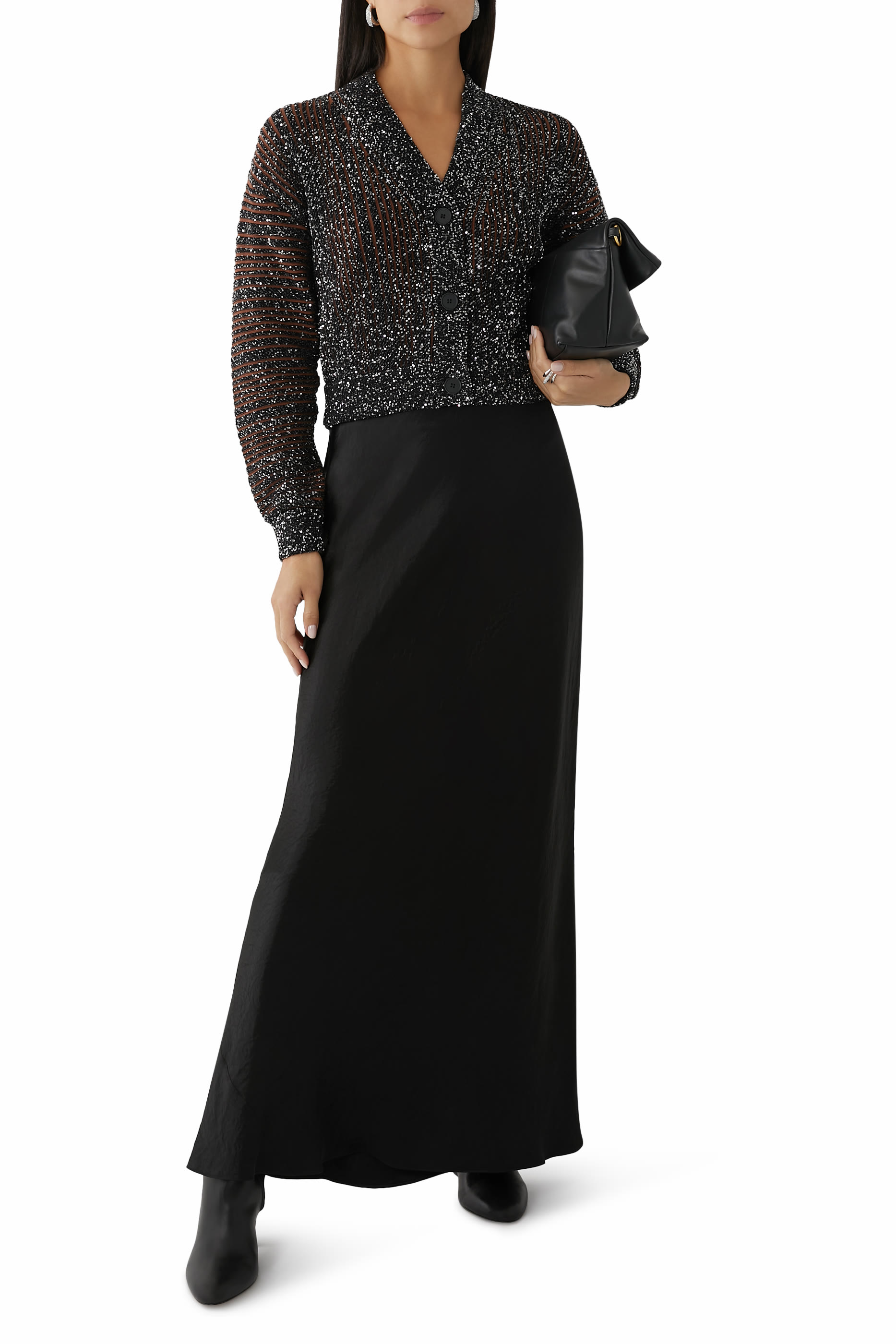 Partialized Knit Sequinned Long Sleeve Buttoned Cardigan