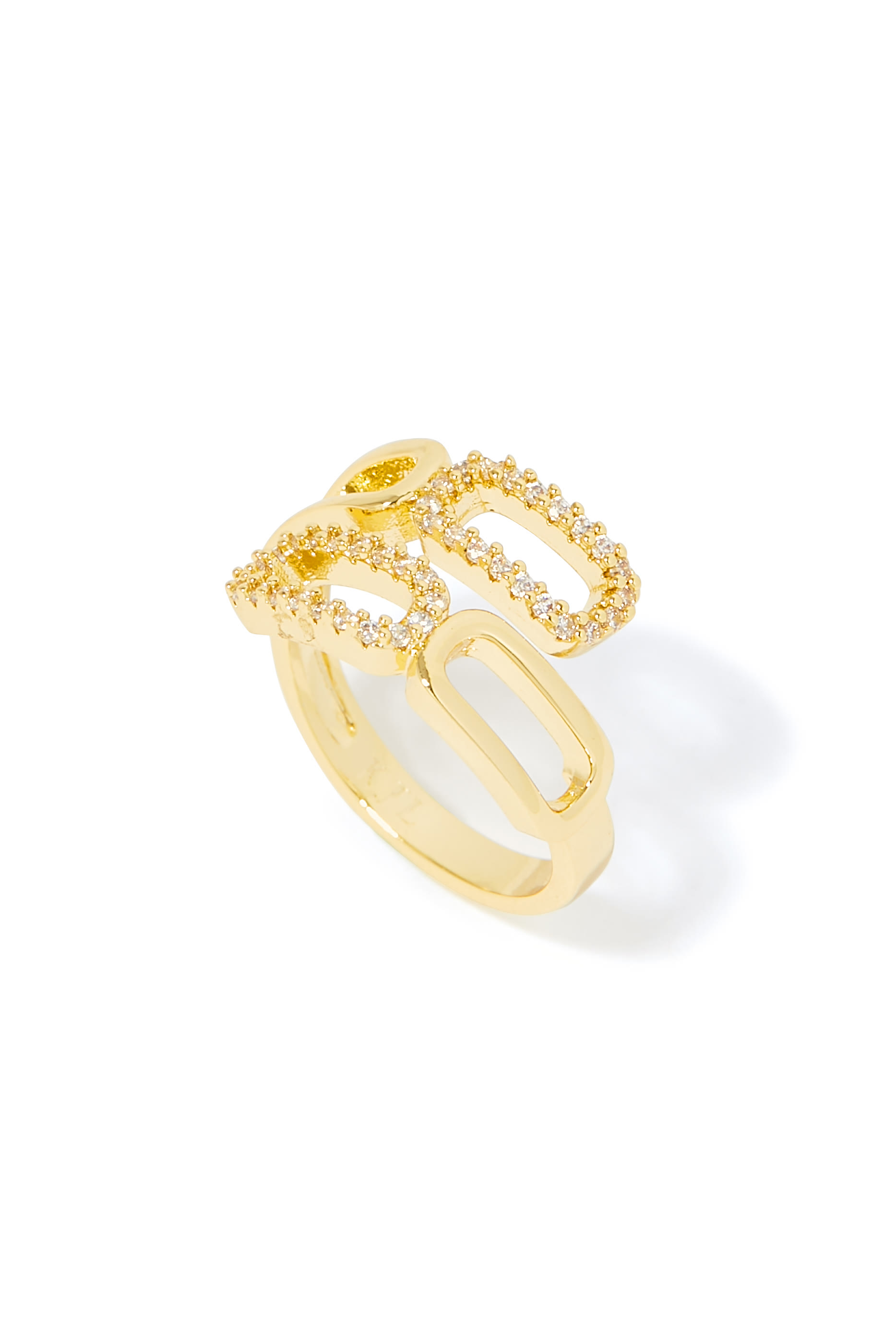 Chain Ring, Gold-Plated Brass with Diamond & Cubic Zirconia