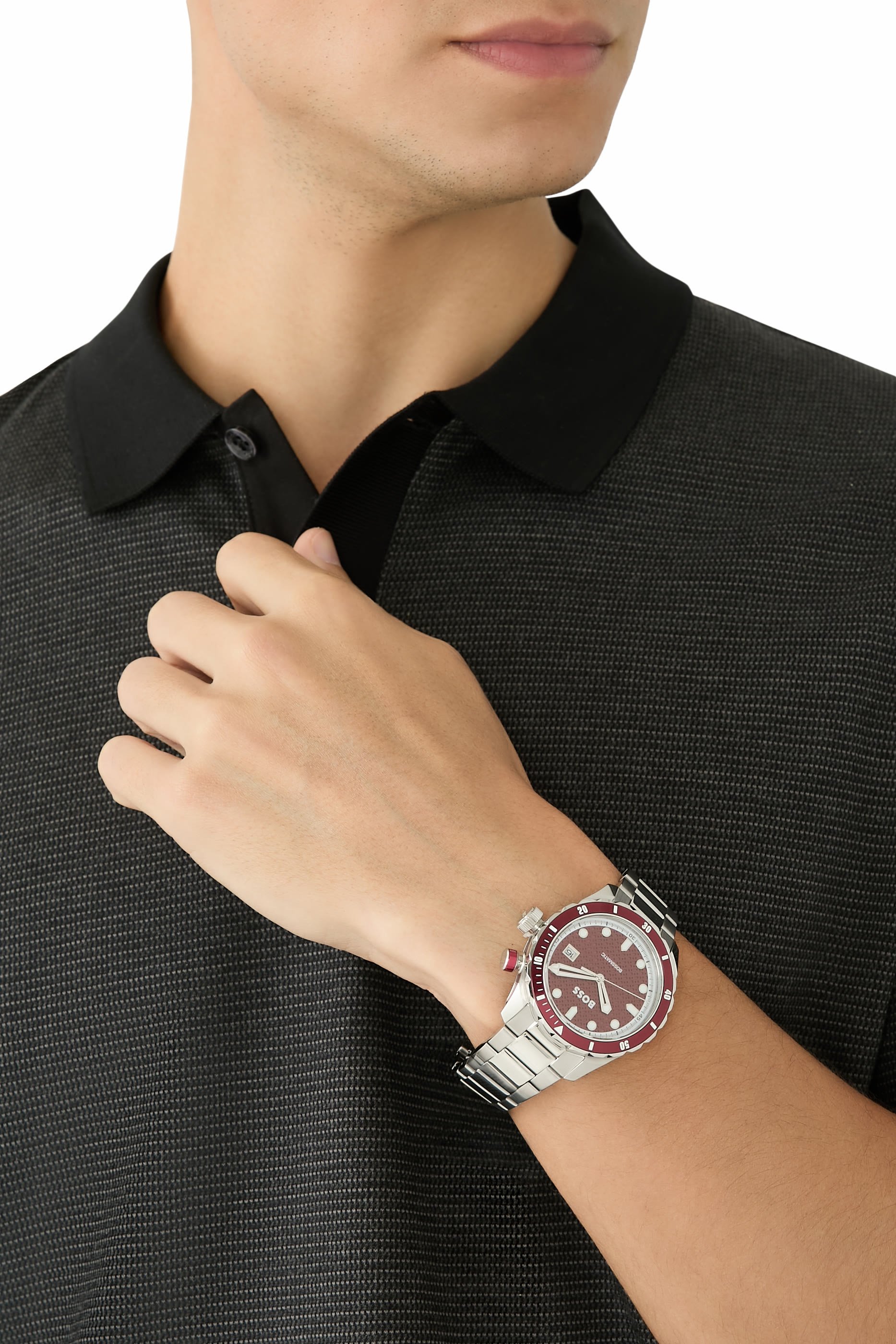 Silver-tone Automatic Watch with Red Monogram-Textured Dial