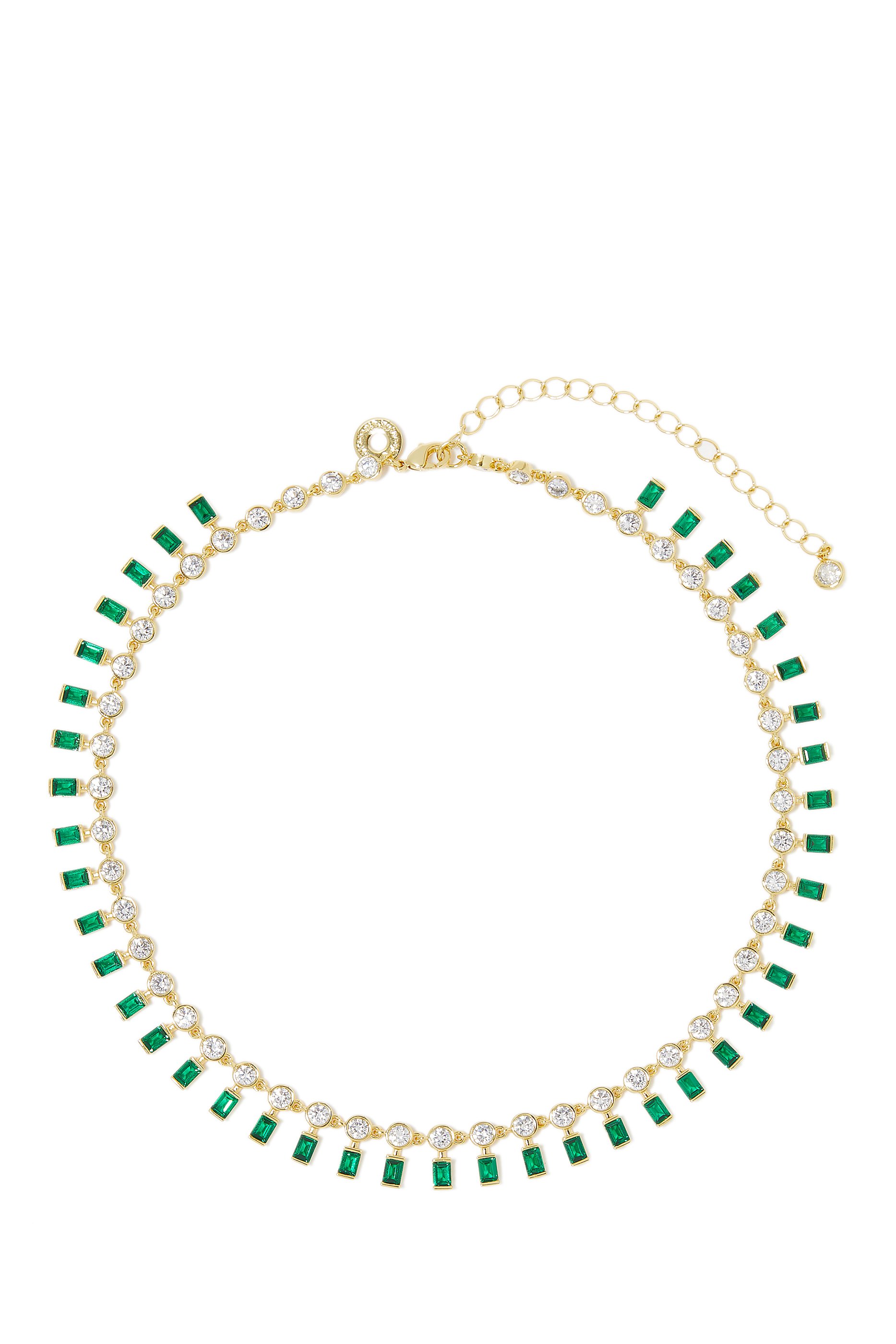 Round Chain Dangle Collar Necklace, Gold-Plated Brass, Emerald & Cubic Zirconia