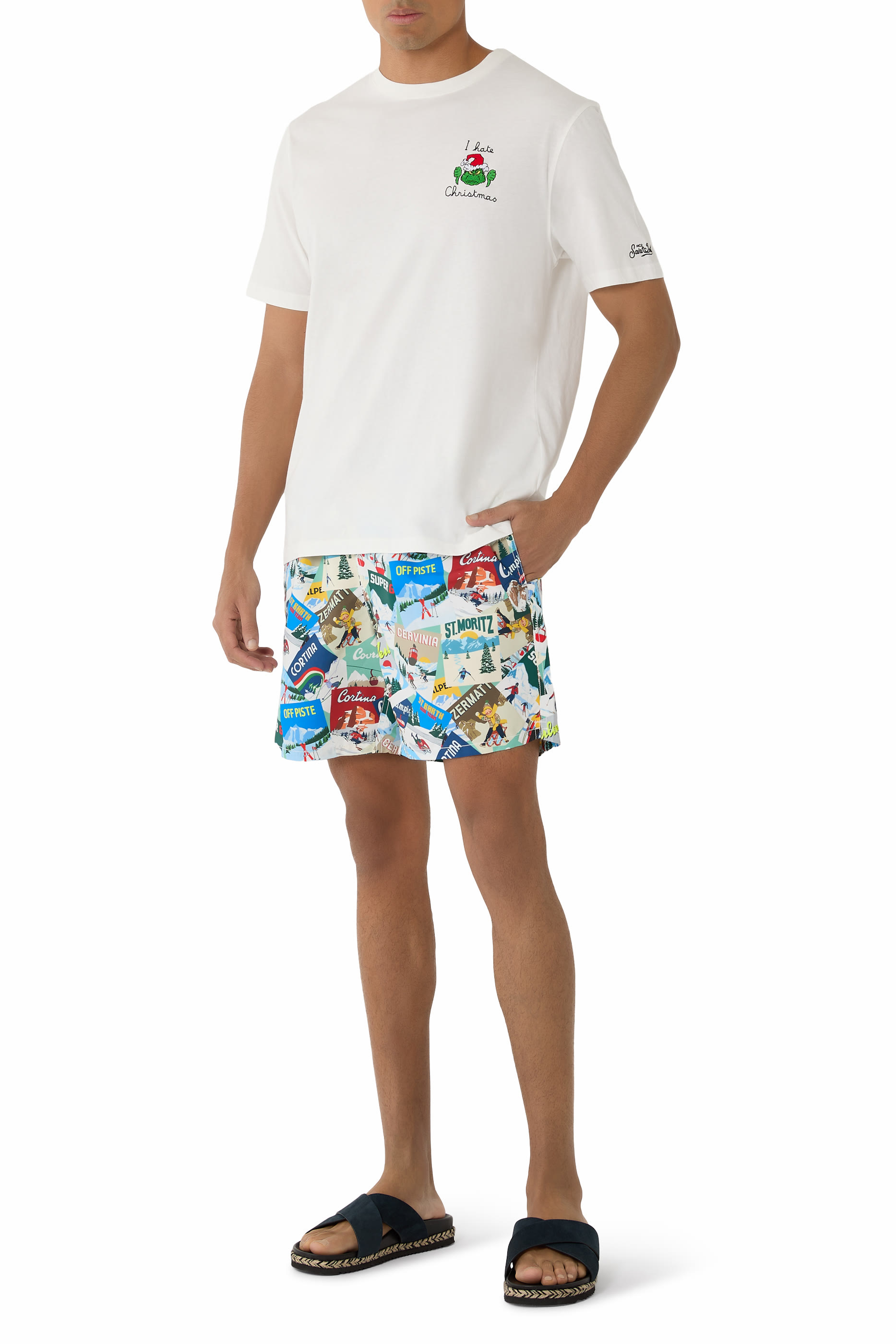 Mid-Length Gustavia Swim Shorts with Postcards Print 
