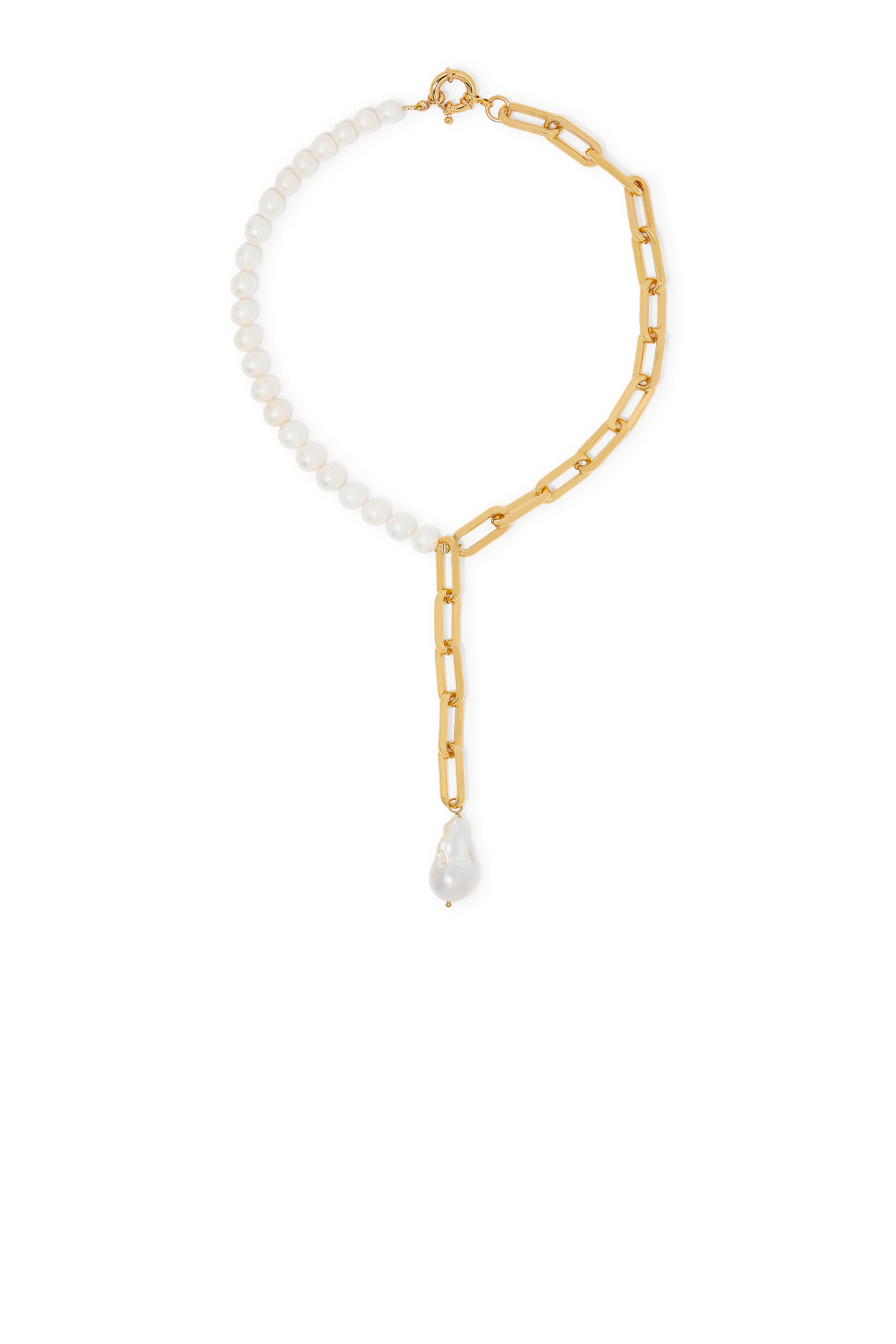Half & Half Necklace, 24k Gold Plated Brass & Freshwater Pearls