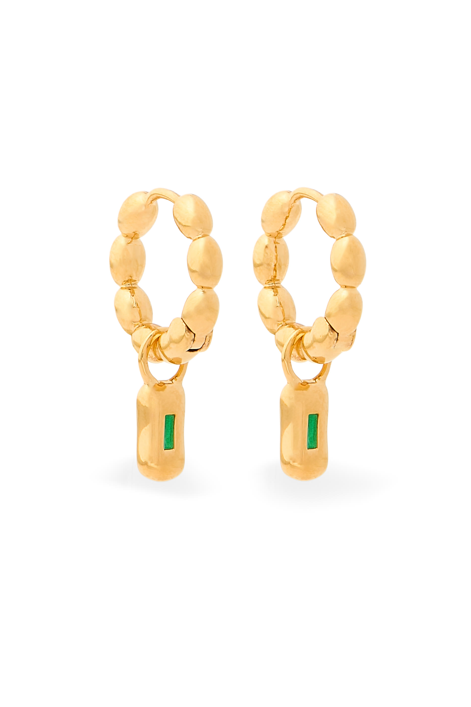 Molten Gemstone Charm Hoop Earrings,  18k Recycled Gold Plated Vermeil on Recycled Sterling Silver & DyedGreen Onyx