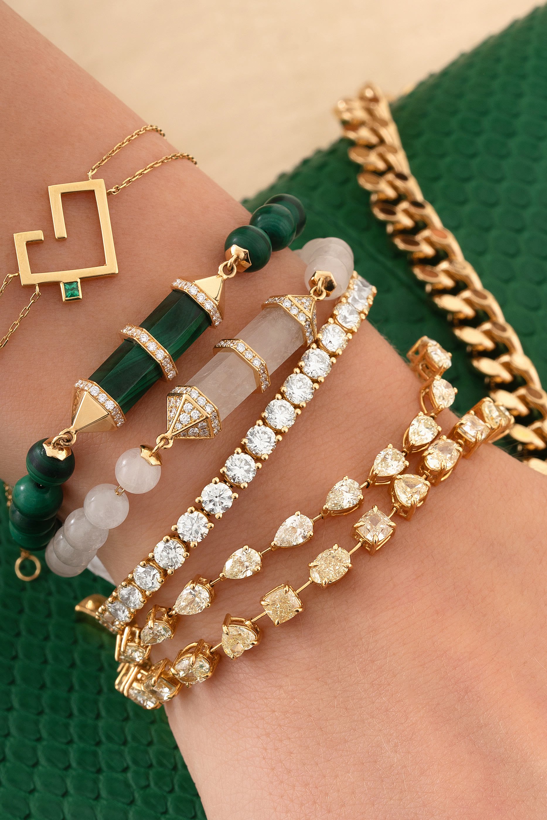 Chakra Malachite and Diamonds Medium Horizontal Beaded Bracelet, 18k Yellow Gold