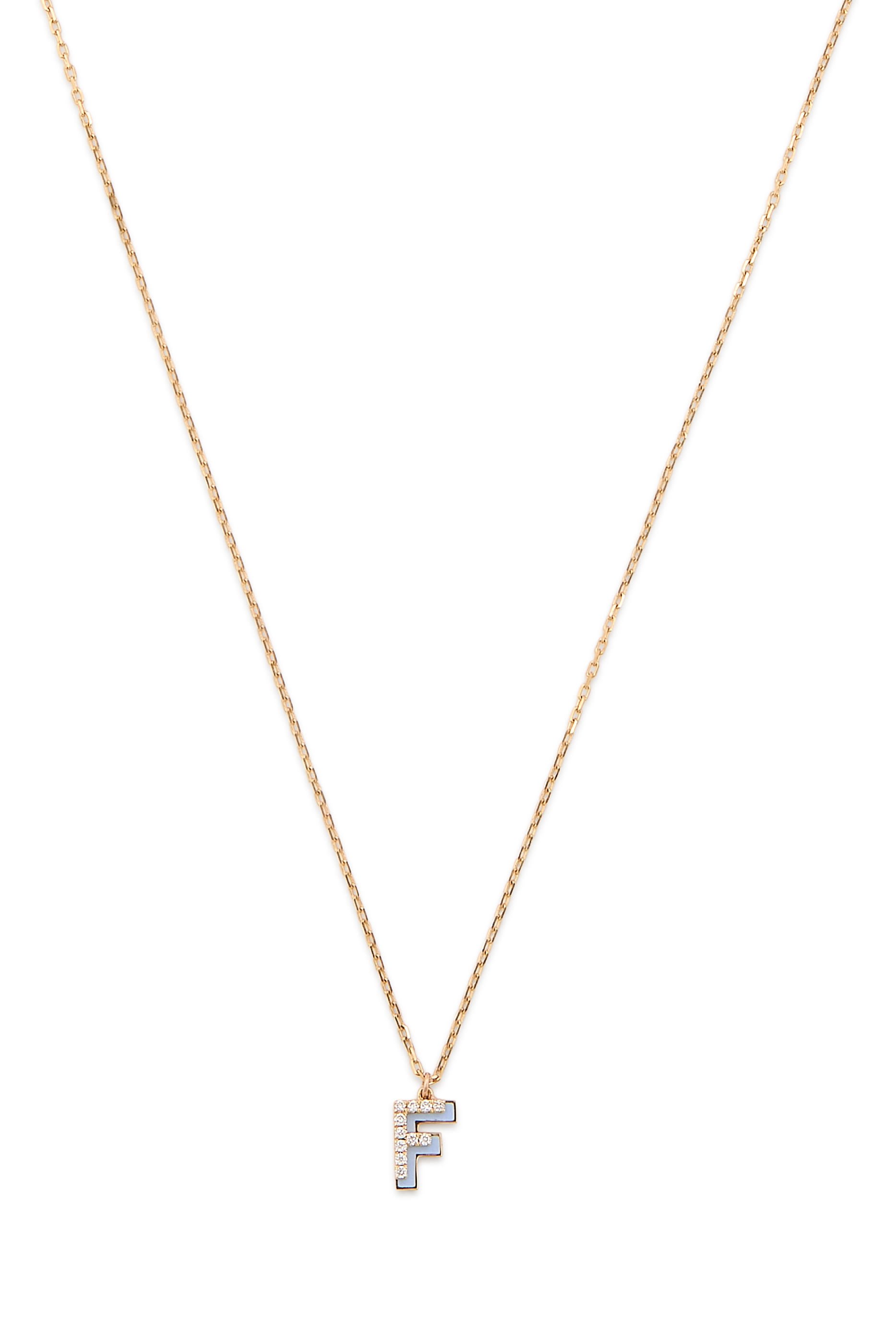 Letter F Silhouette Necklace, 18k Yellow Gold with Diamonds & Enamel
