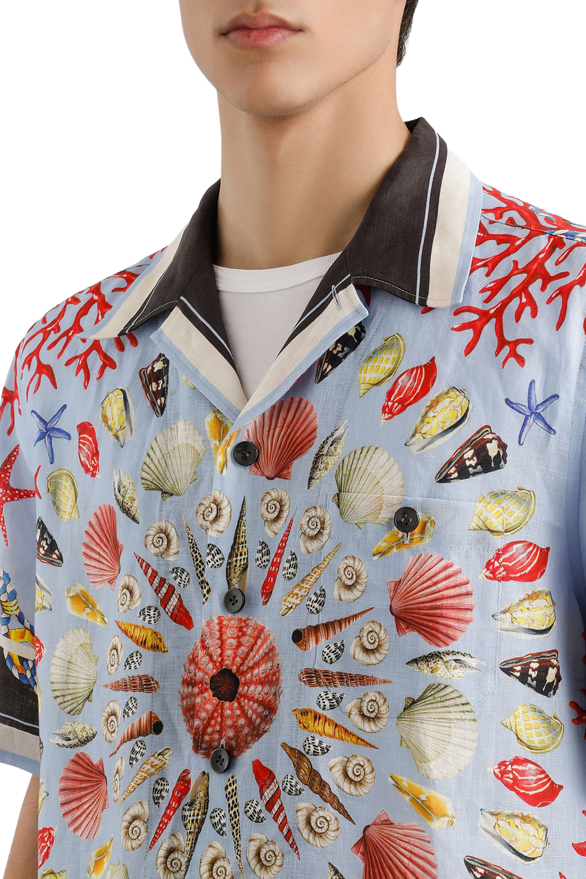 Shell-Print Hawaiian Linen Canvas Shirt