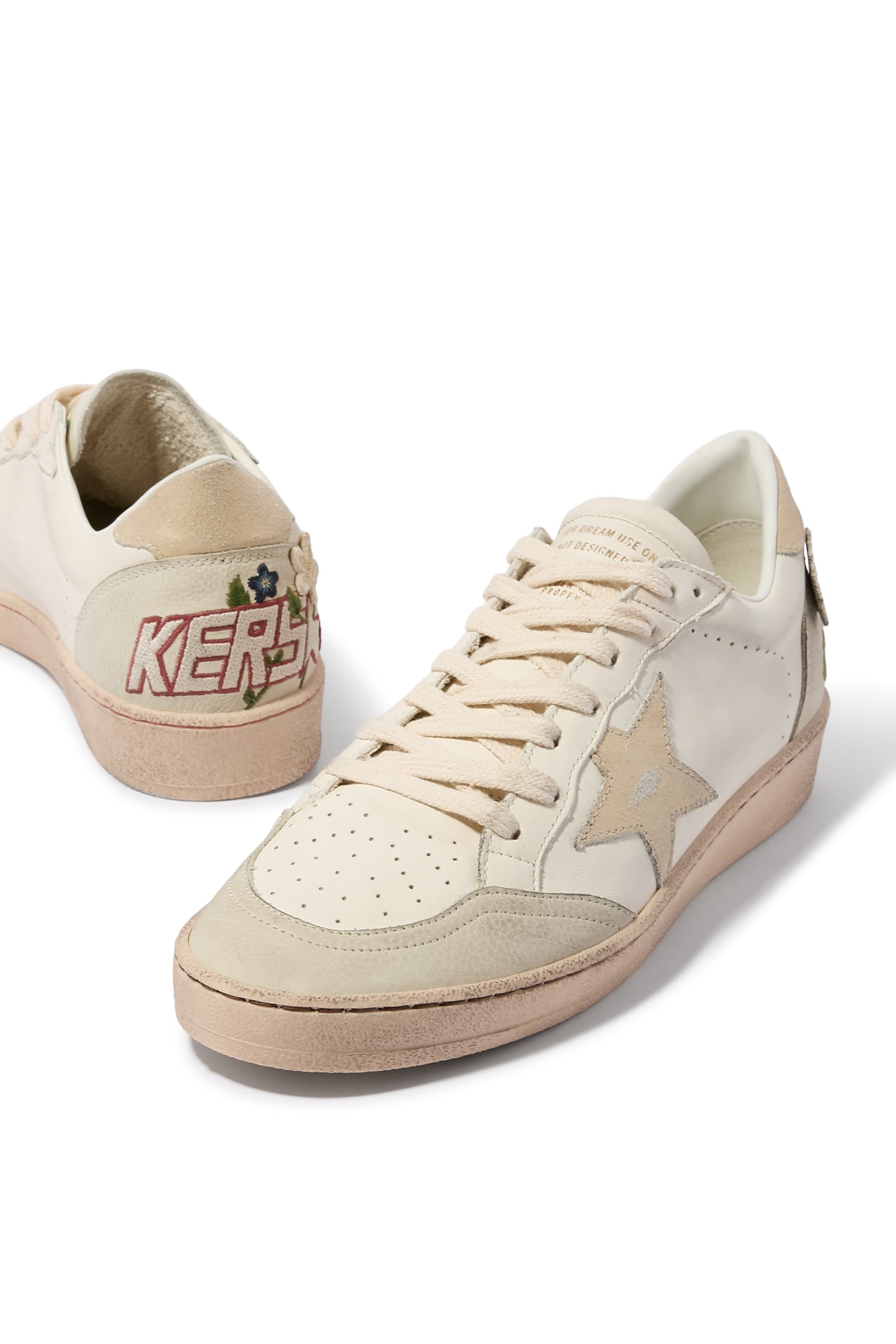 Ball Star Sneakers in Leather with Platinum Suede Star and Multicolour Floral Embroidery