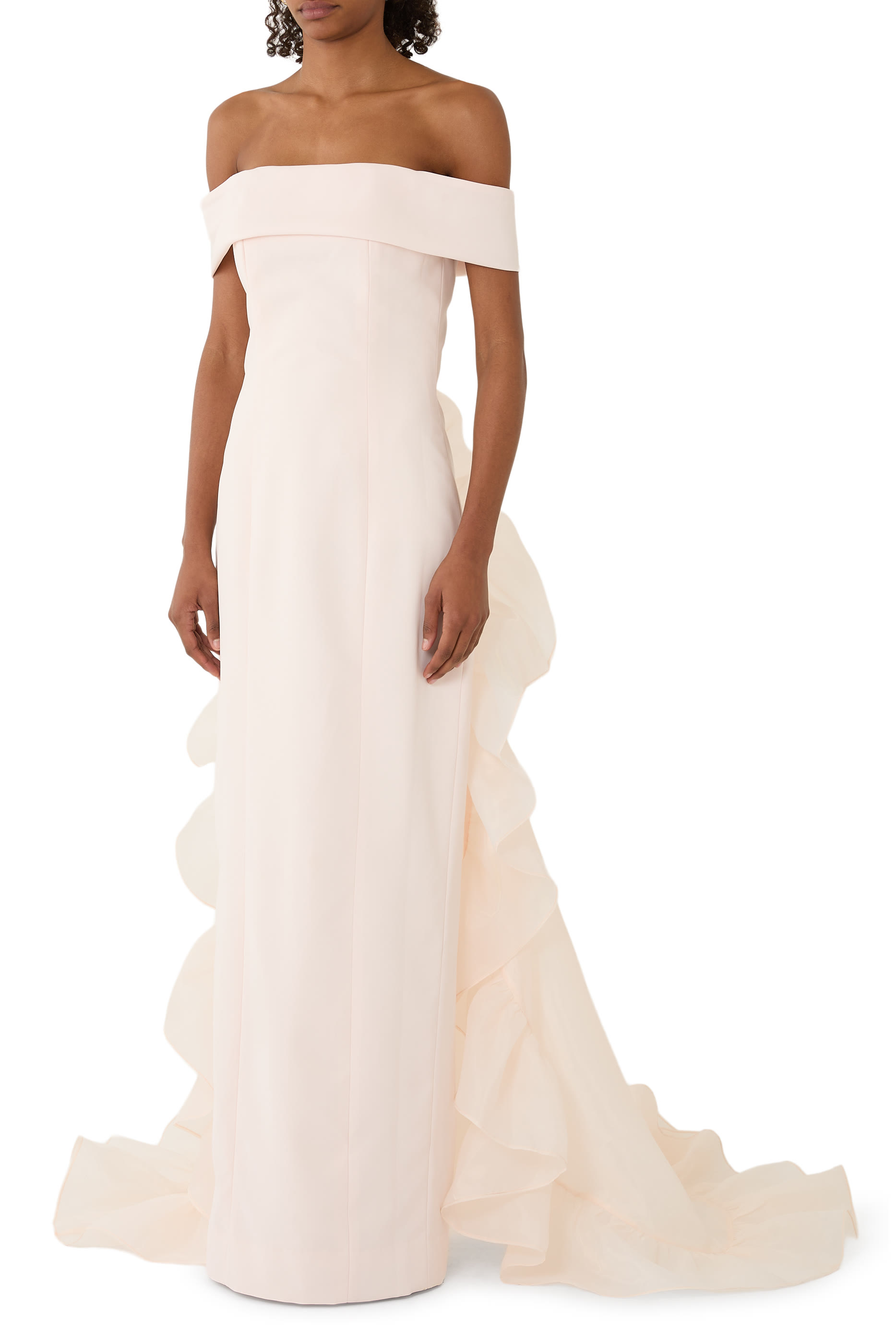 Strapless Off-Shoulder Gown with Ruched Organza Train