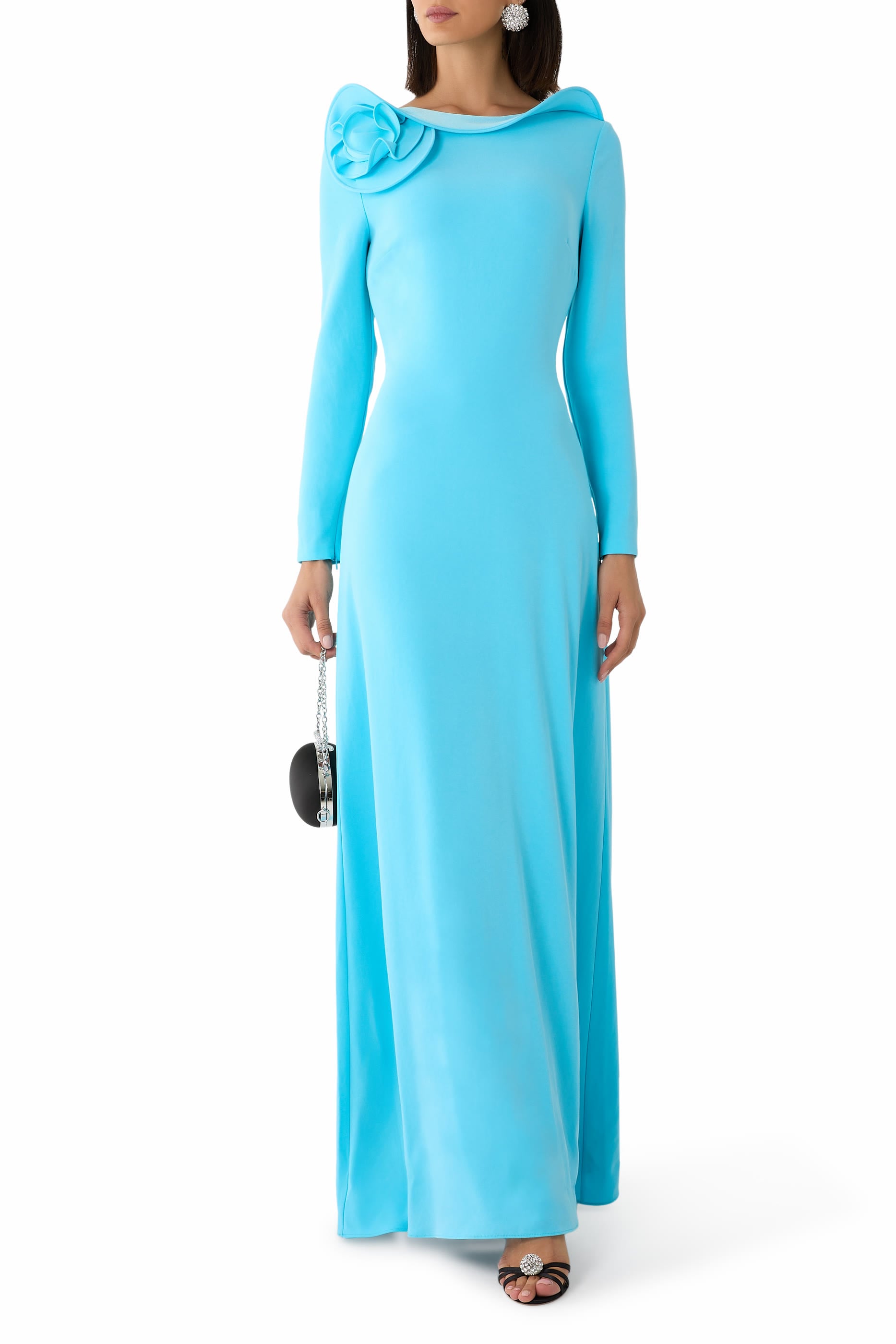 3D Draped Flower Neckline Long Sleeve Gown