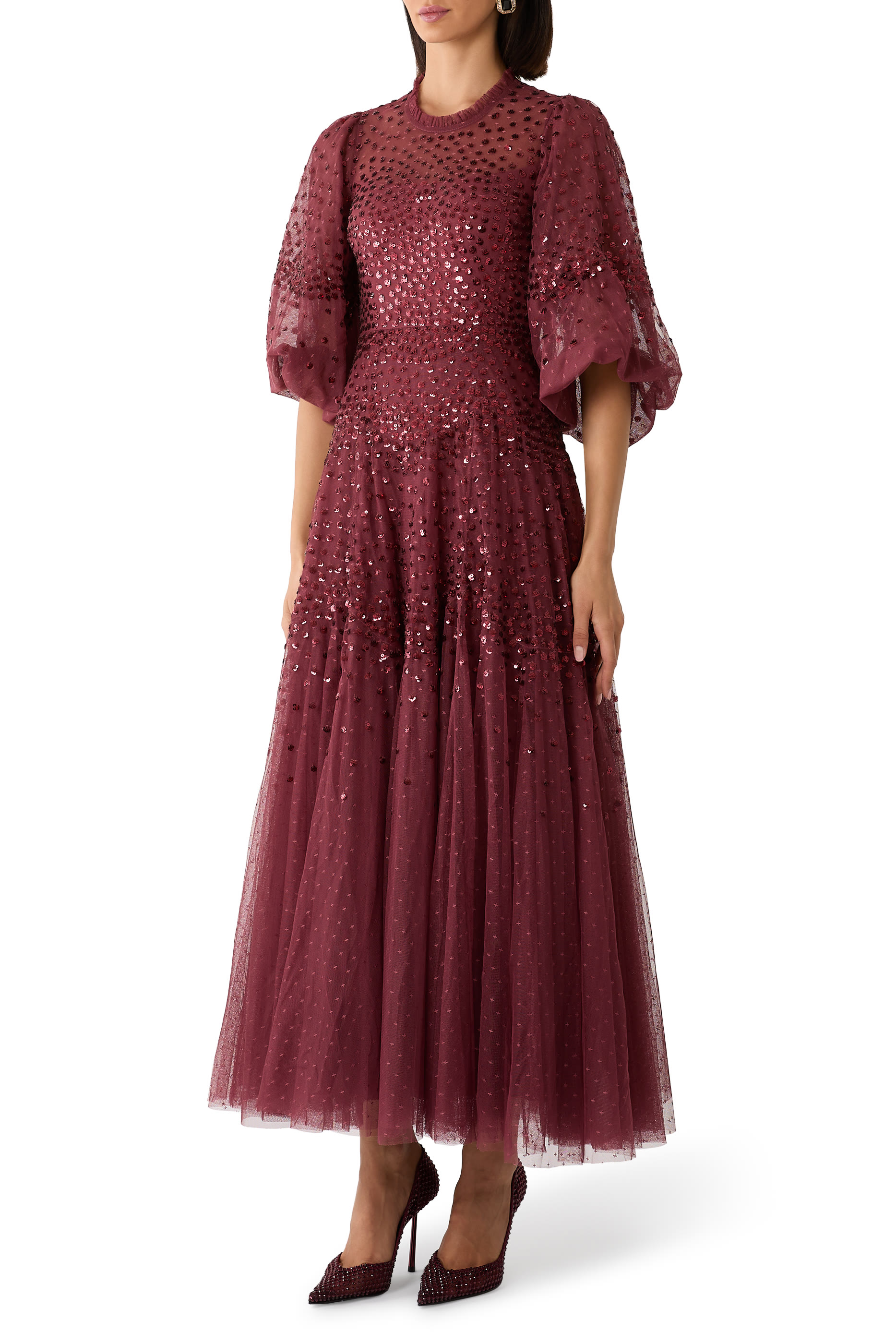 Scallop Sequin Round Neck Ankle Gown