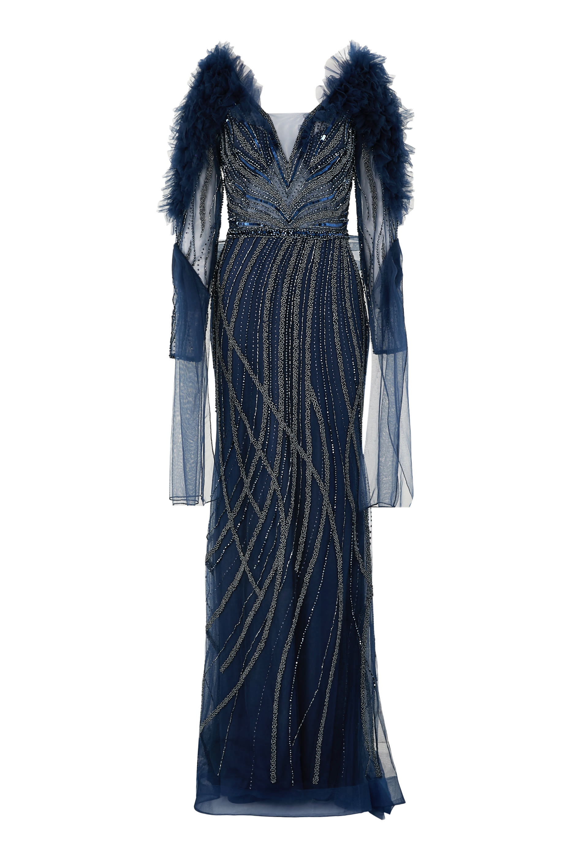 Luxurious Sequined Evening Gown with Sheer Sleeves