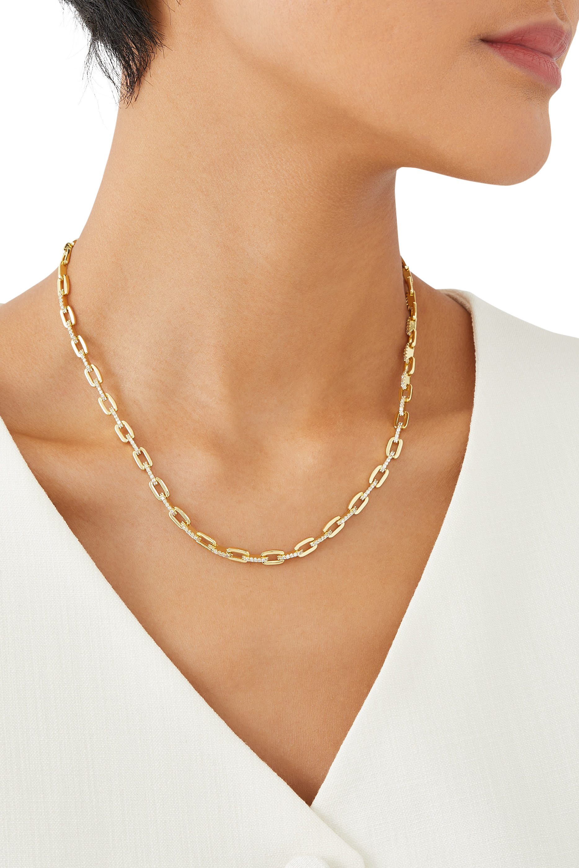 Chain Necklace,  Gold-Plated Brass & Cubic Zirconia