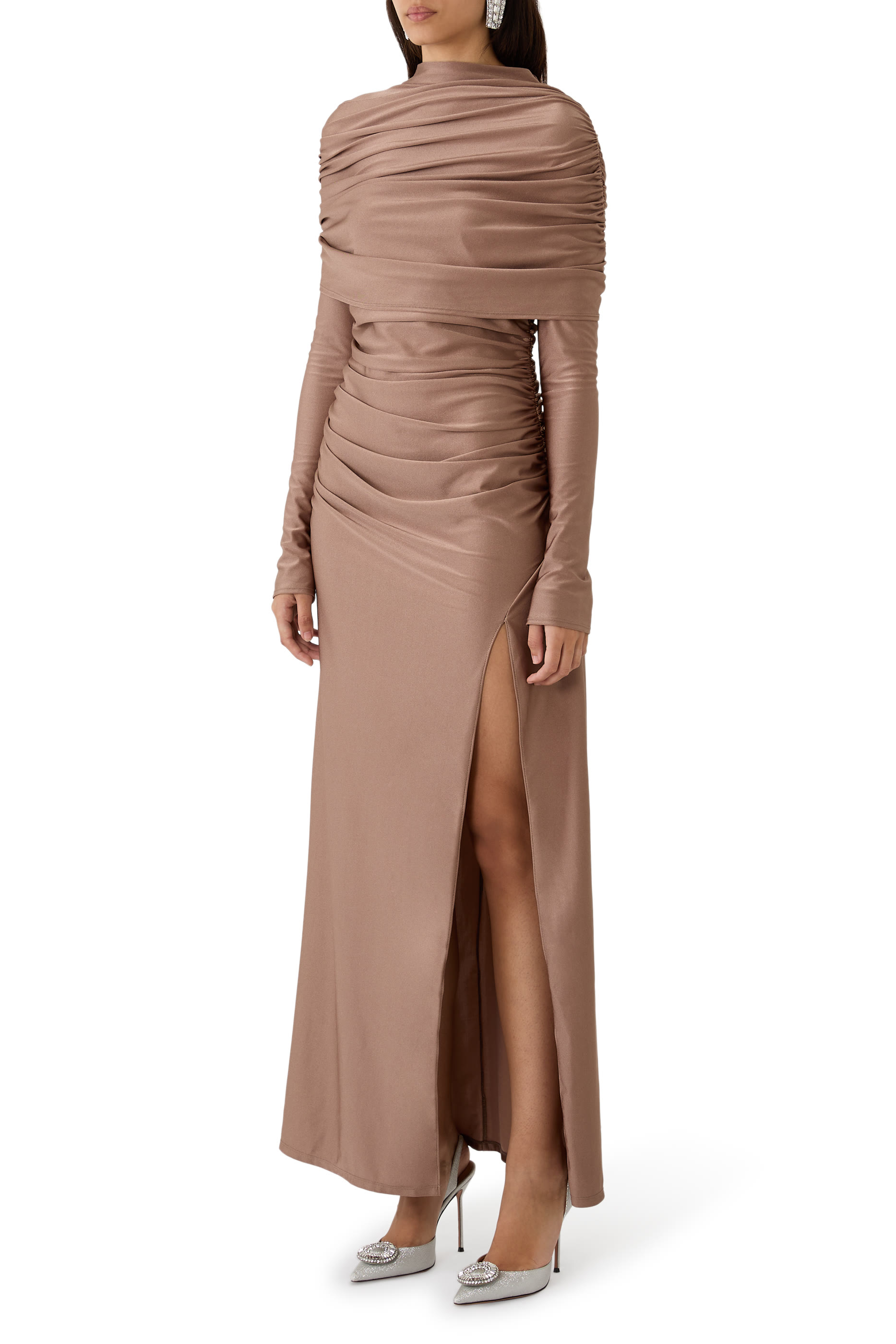 Shine Jersey Asymmetrical Ruched Draped Gown