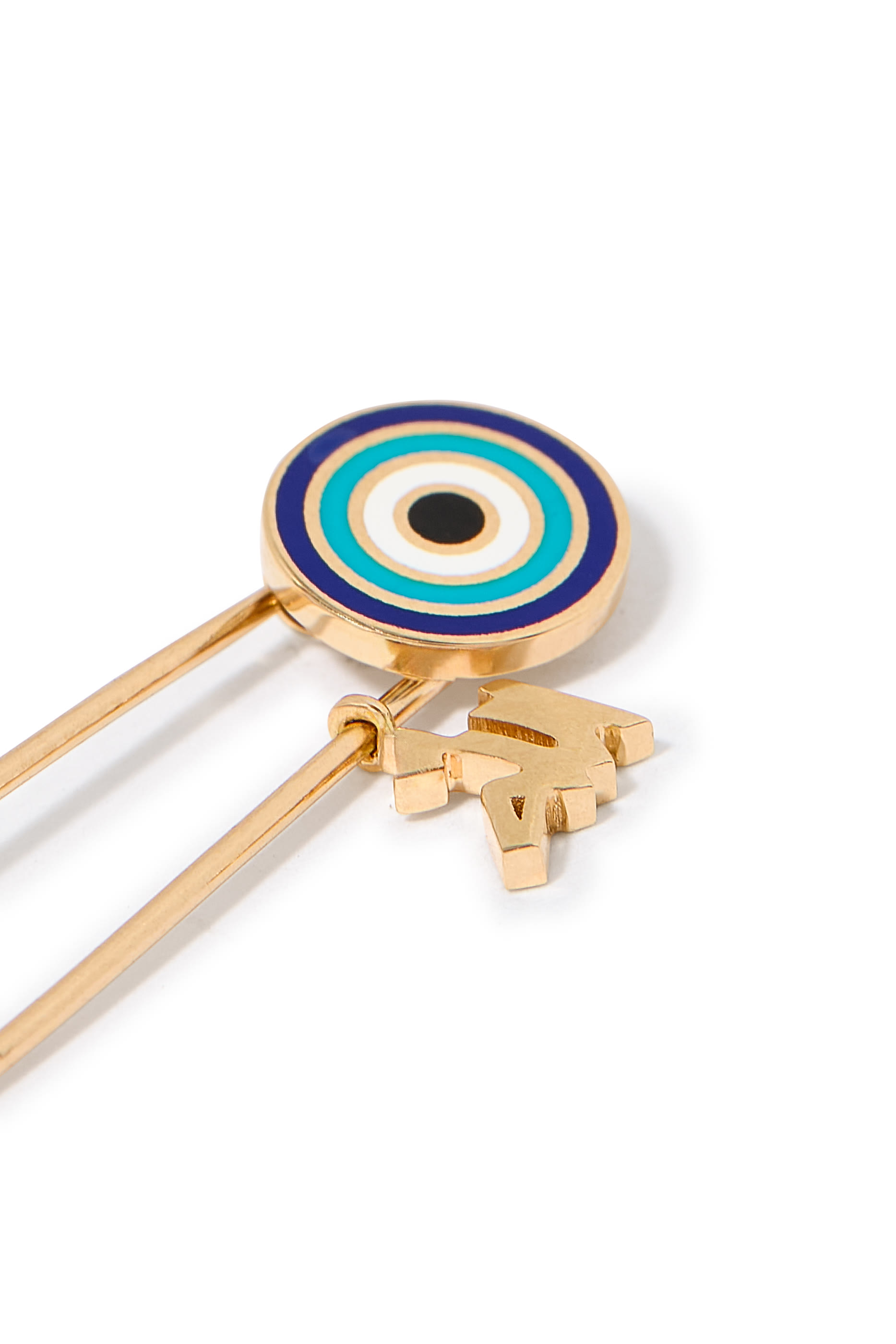 Enamel Eye Allah Charm Safety Pin Brooch, 18K Yellow Gold & Enamel
