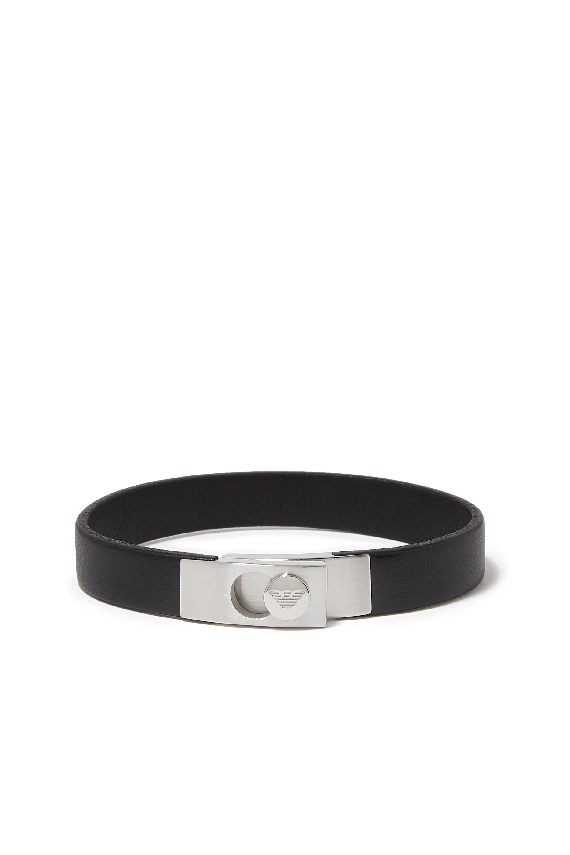 Stainless Steel & Black Leather Strap Bracelet