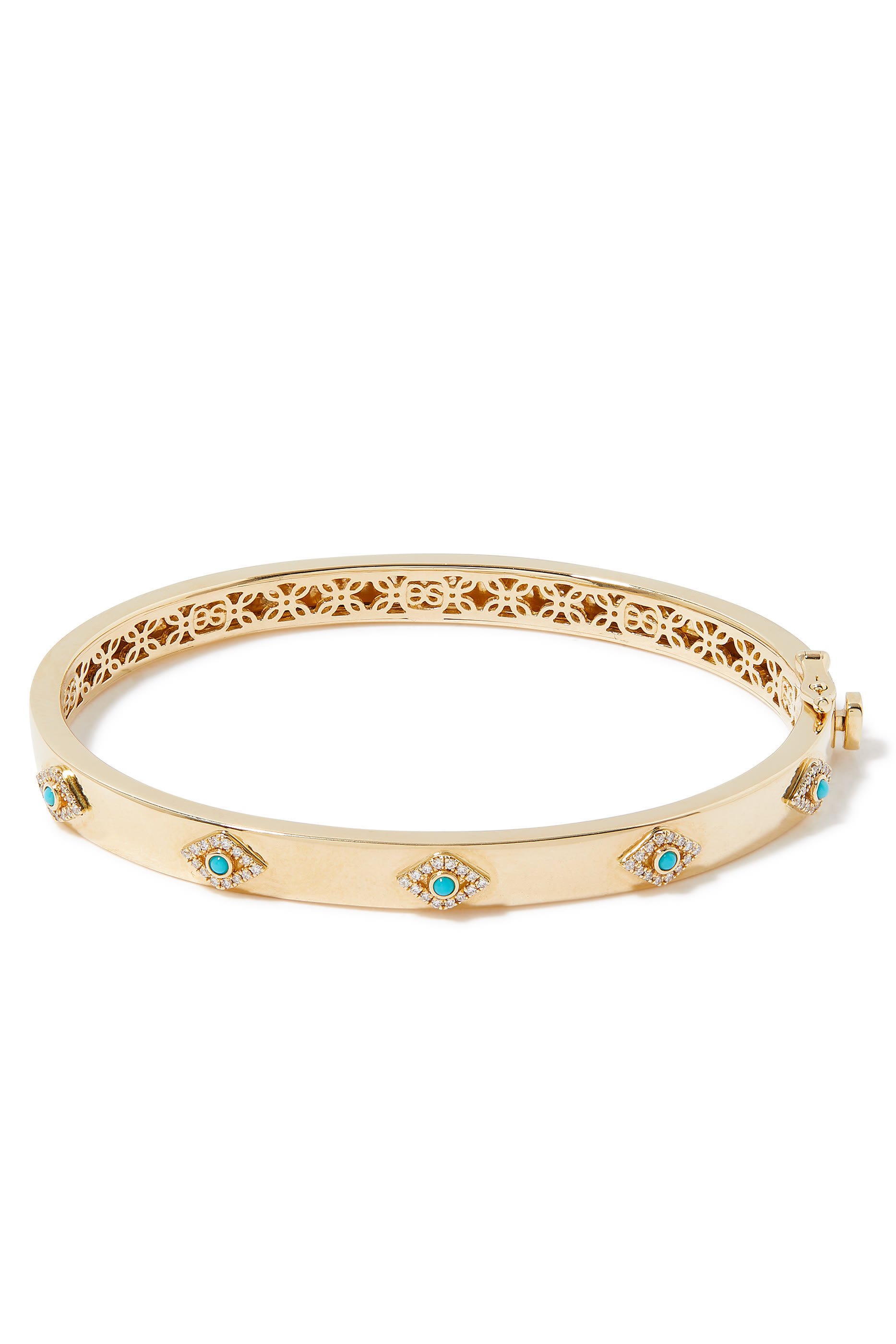 Multi Eye Bangle, 14k Yellow Gold with Diamonds & Turquoise