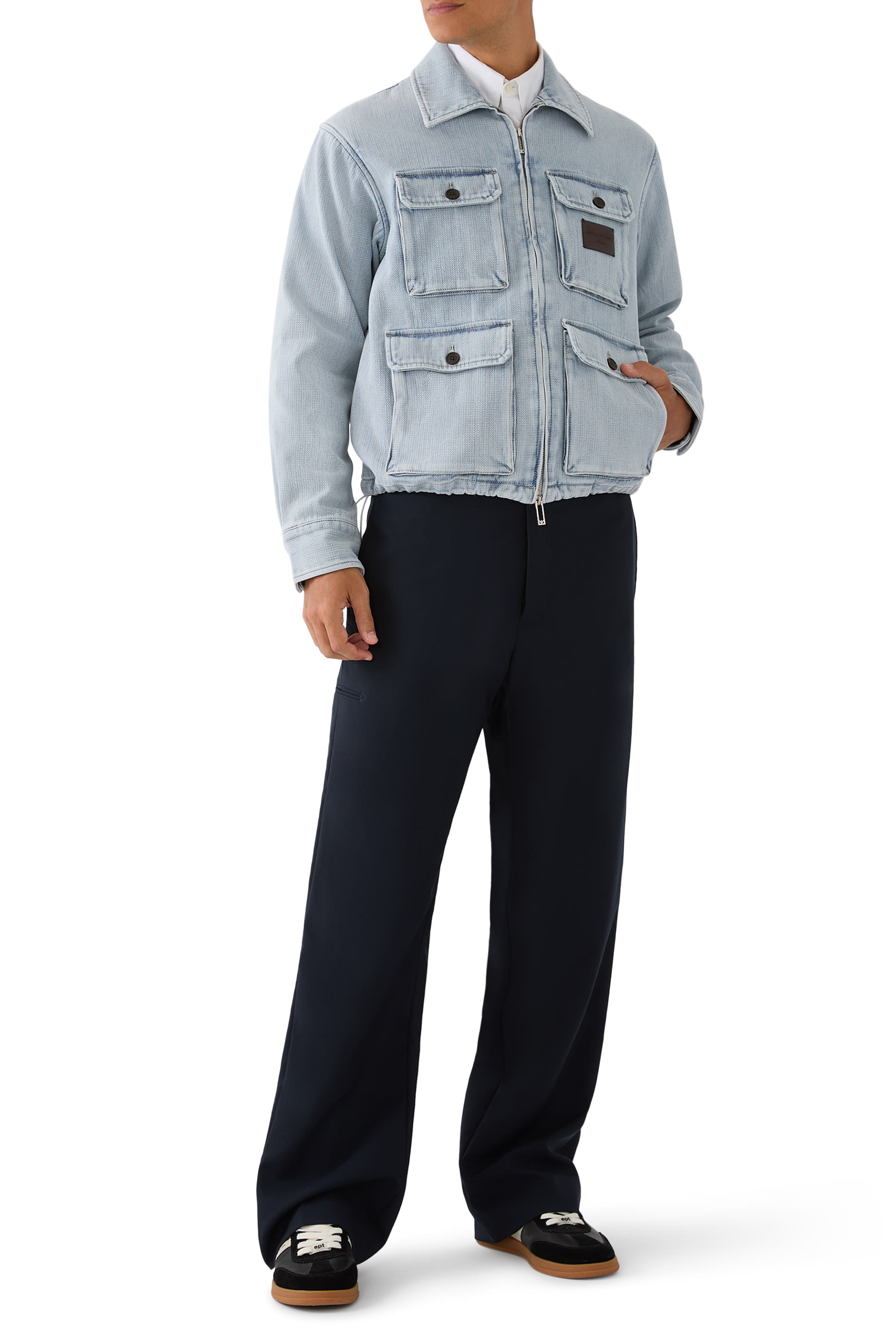 Multi-Pocket Denim-Effect Dobby Fabric Blouson
