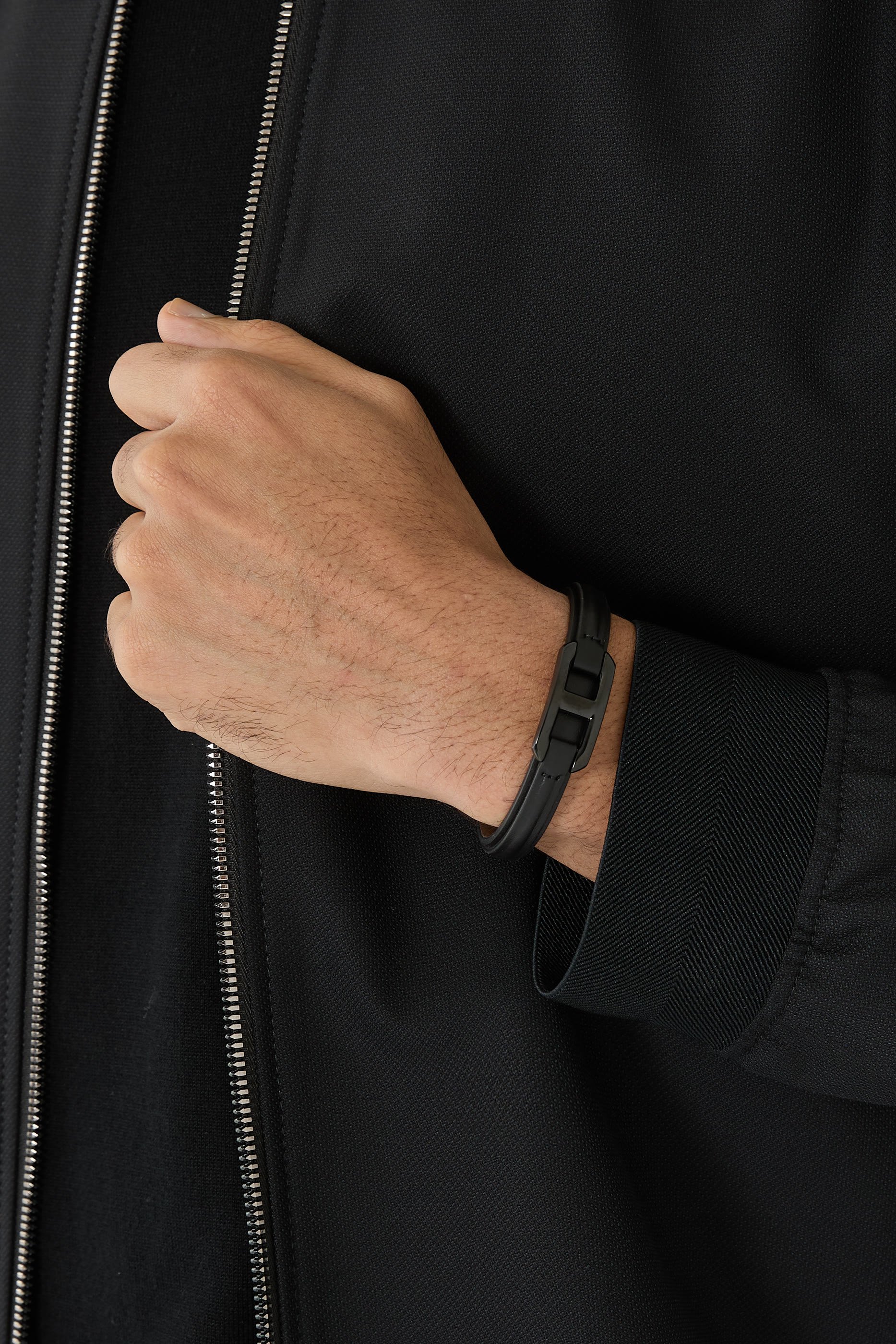  Layered Leather Cuff with Branded Black Metallic Link