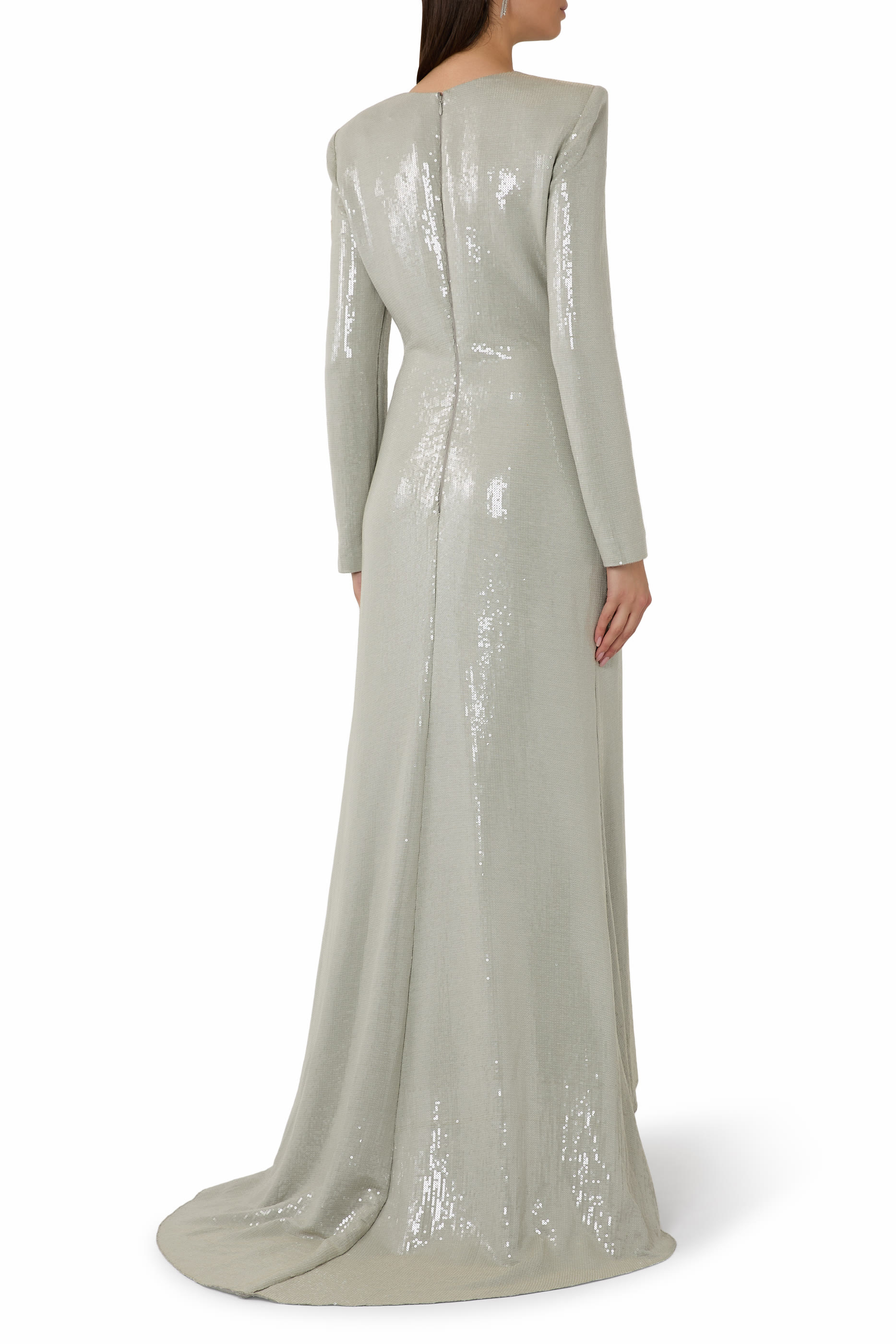 Long Sleeve Sequin Cherry Blossom Embroidered Gown 