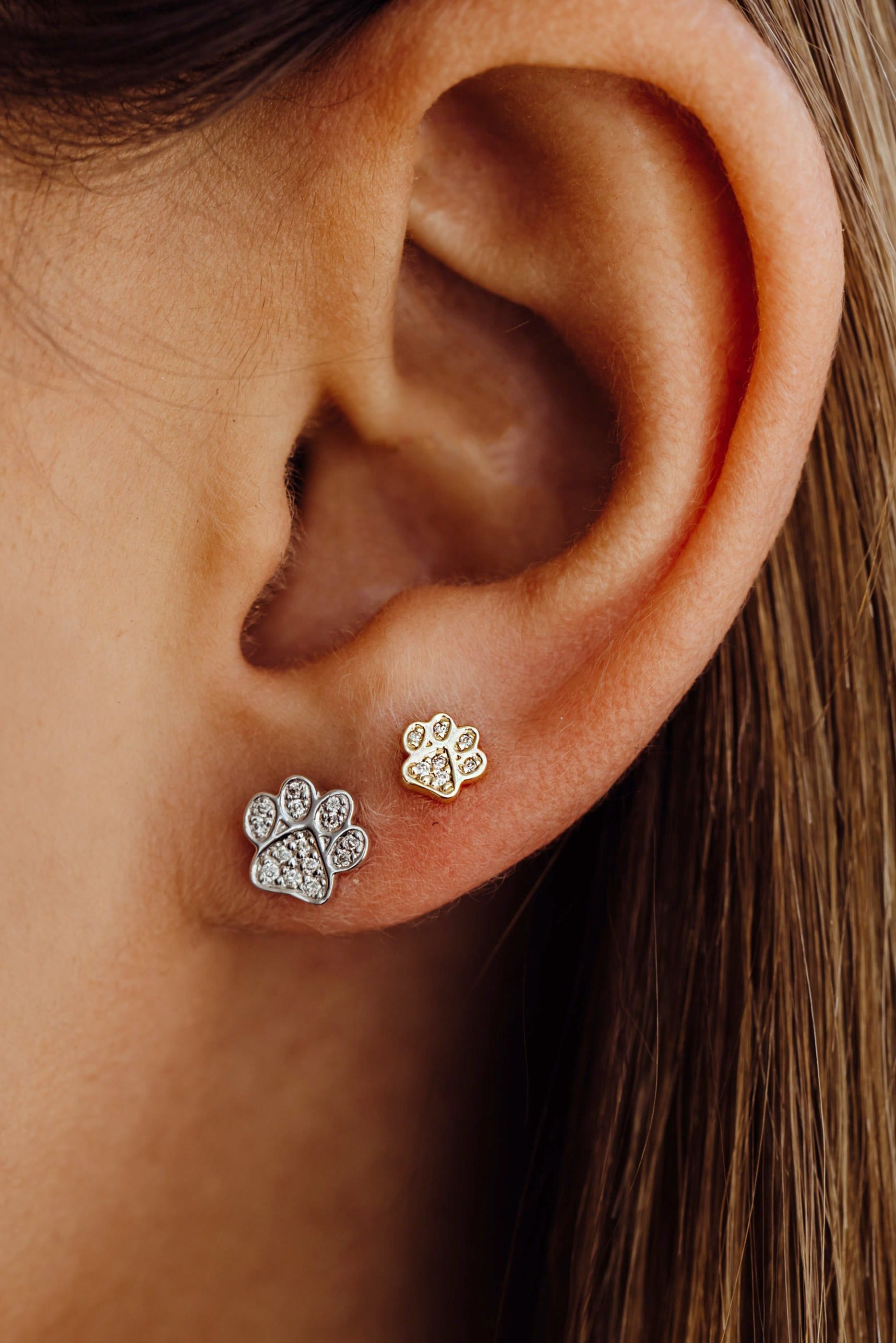 Kids Mini Paw Stud Earrings, 14k Yellow Gold & Diamonds