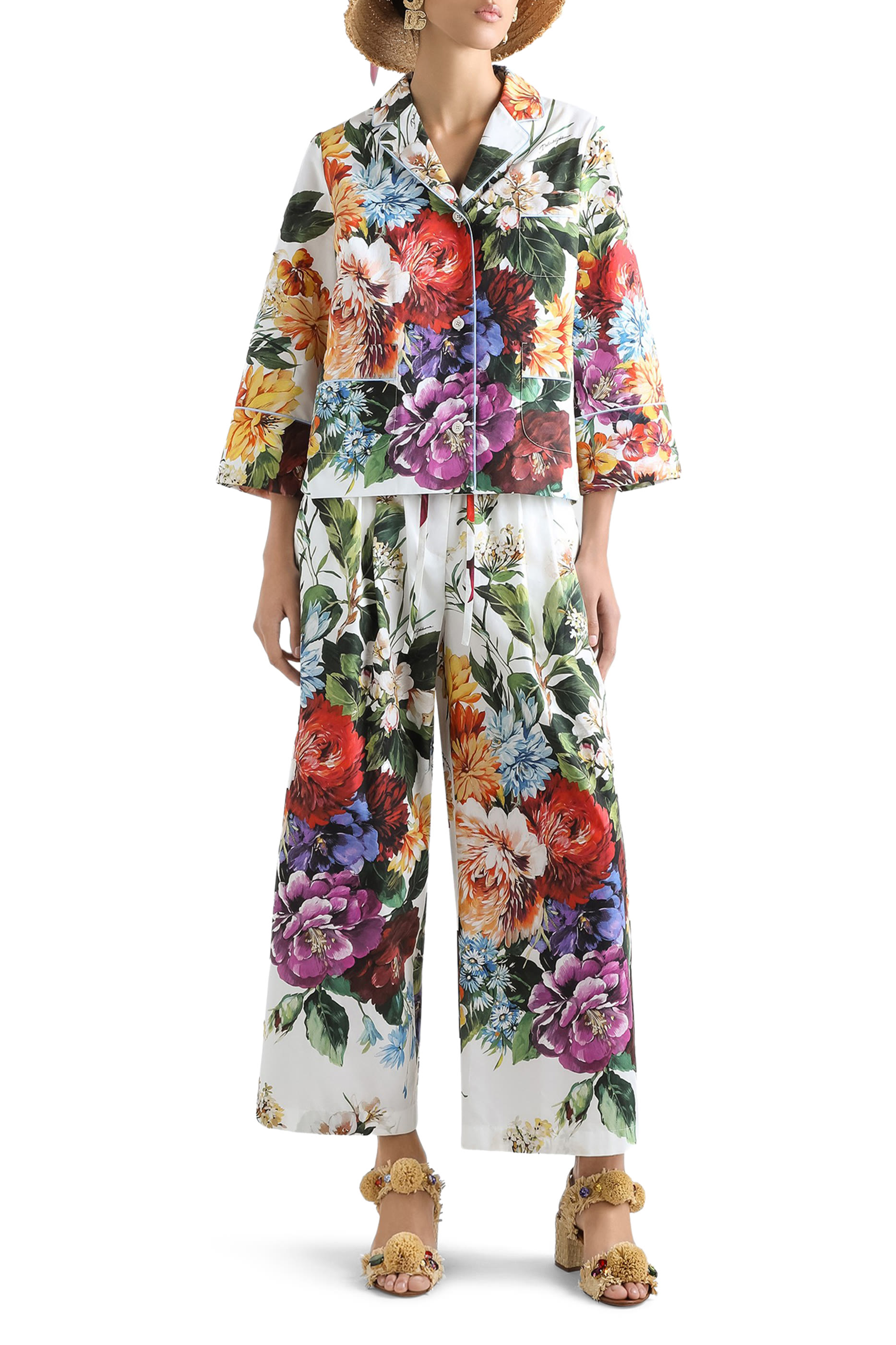 Flower Bouquet-Print Poplin Trousers