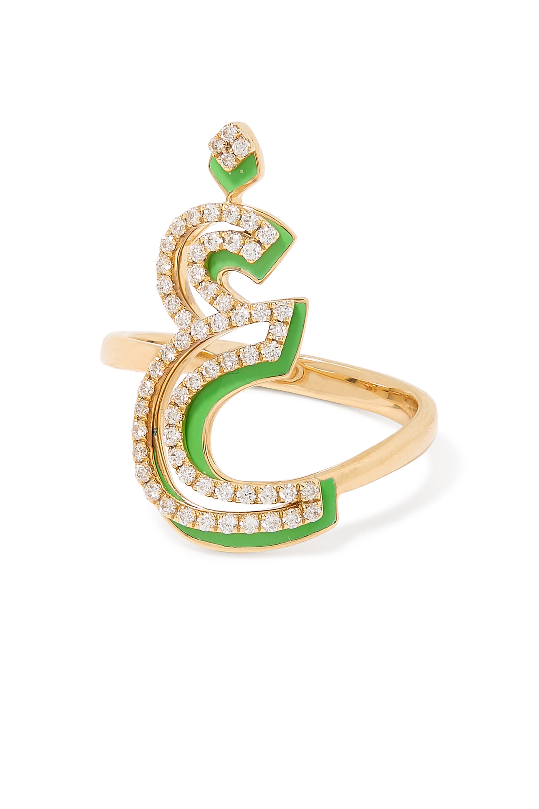 Arabic Letter Ring, 18k Yellow Gold & Enamel, Diamonds