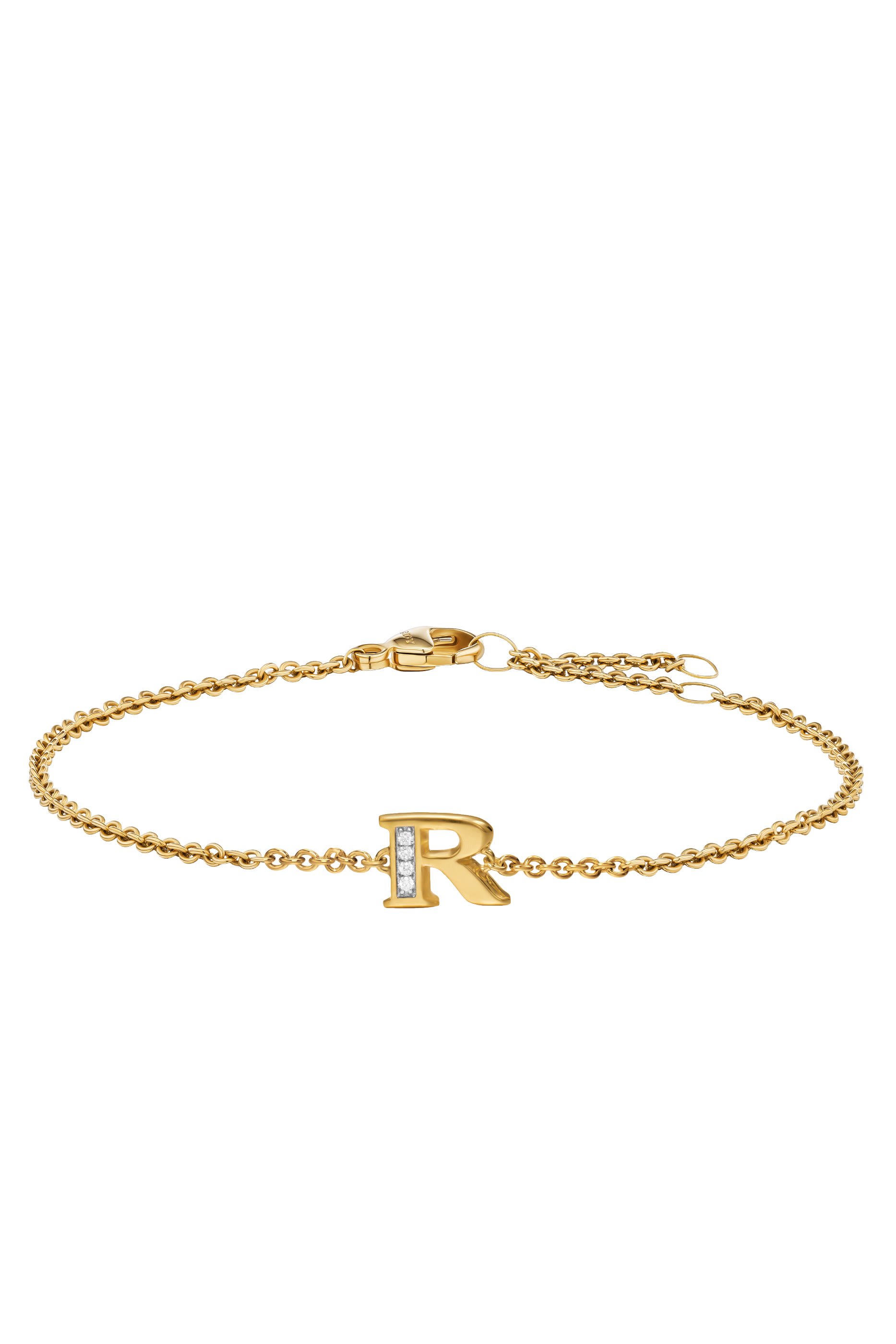 Petite Pavé R Initial Chain Bracelet, 18k Yellow Gold & Diamonds