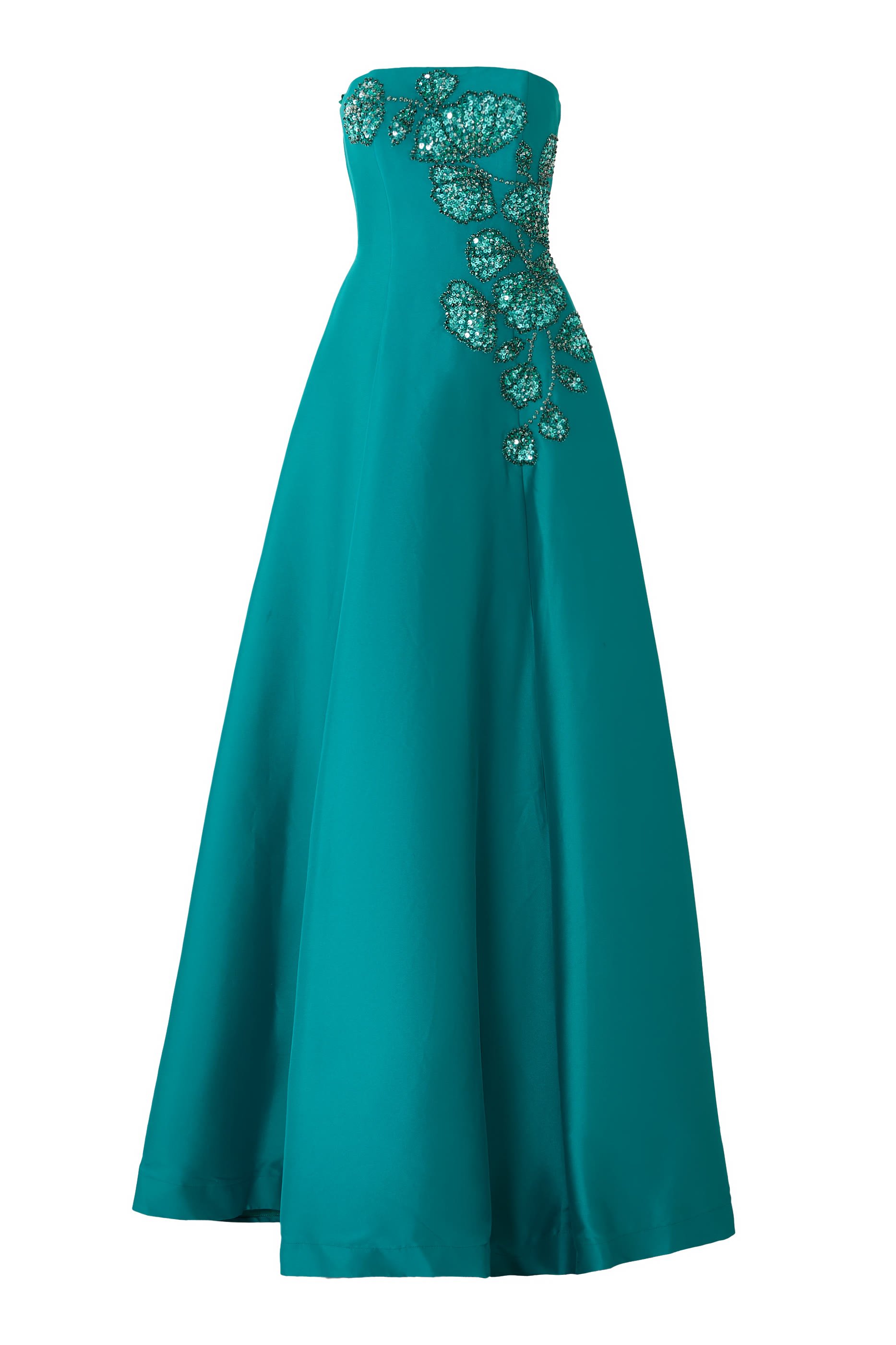 Intricate Floral Appliqu&eacute; Strapless A-Line Gown