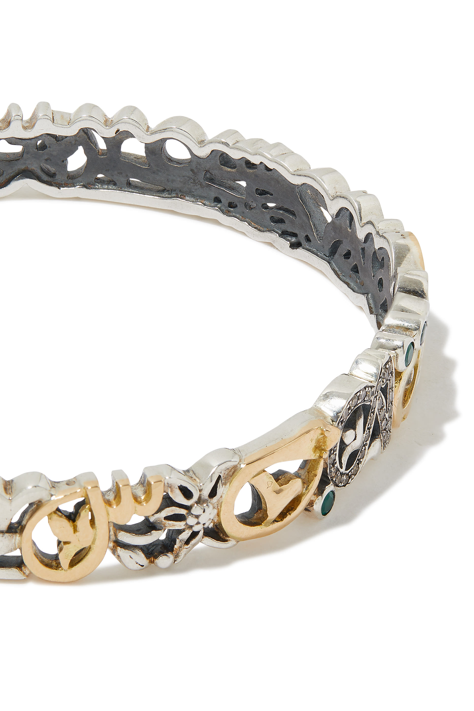 Tales of Calligraphy Bangle, 18k Yellow Gold with Sterling Silver & Champagne Diamonds
