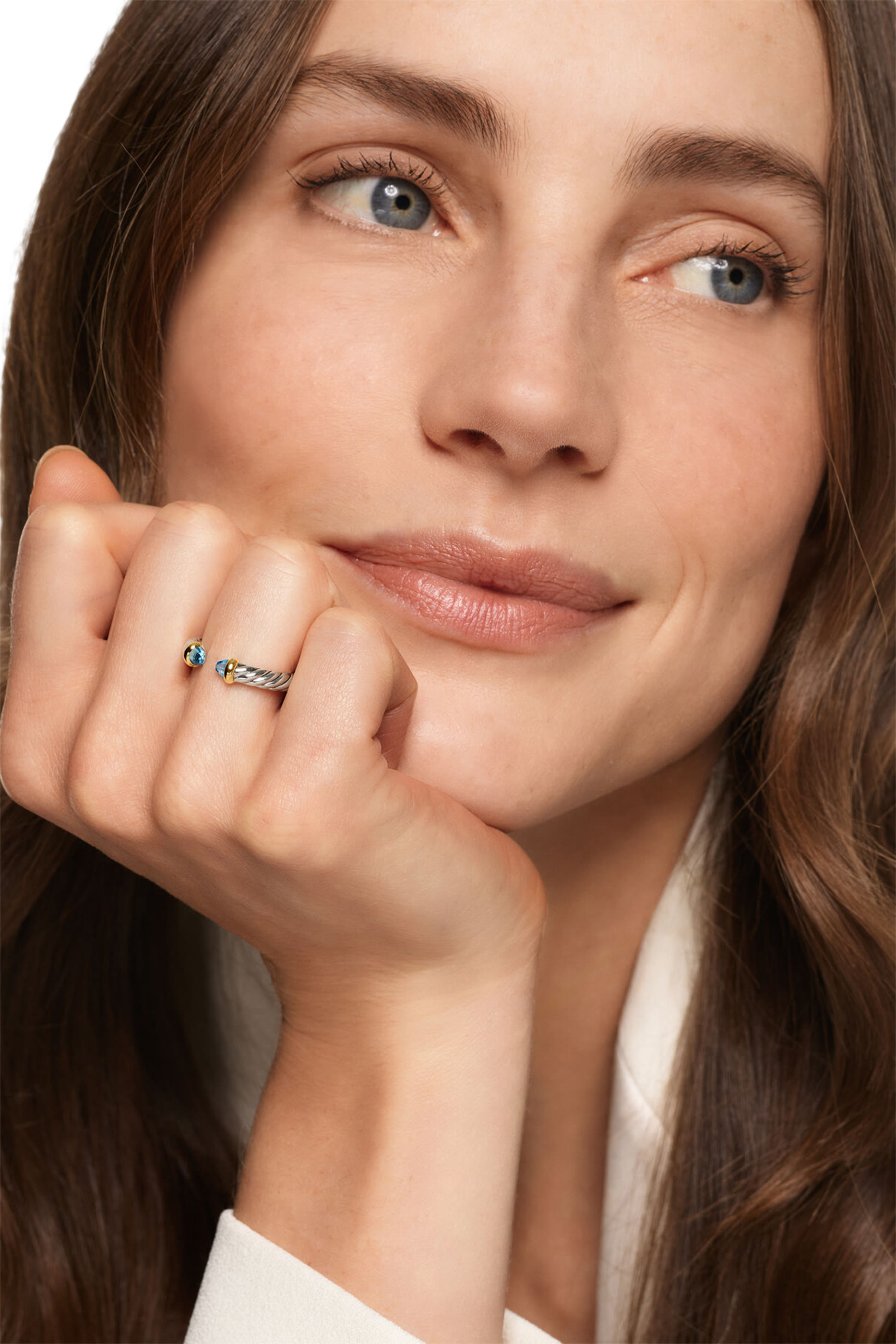 Petite Cable Open Ring, Sterling Silver with 14K Yellow Gold & Blue Topaz