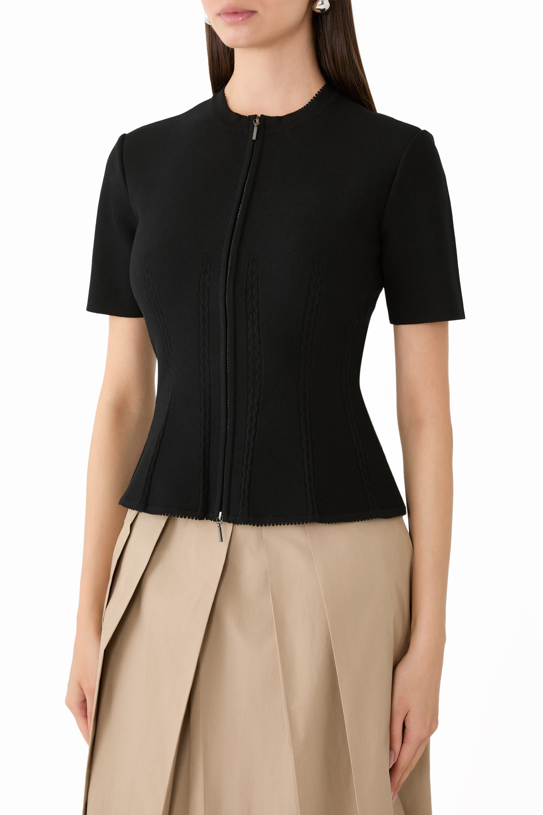 Fabric-Stitch Knit Zip-Up Jacket