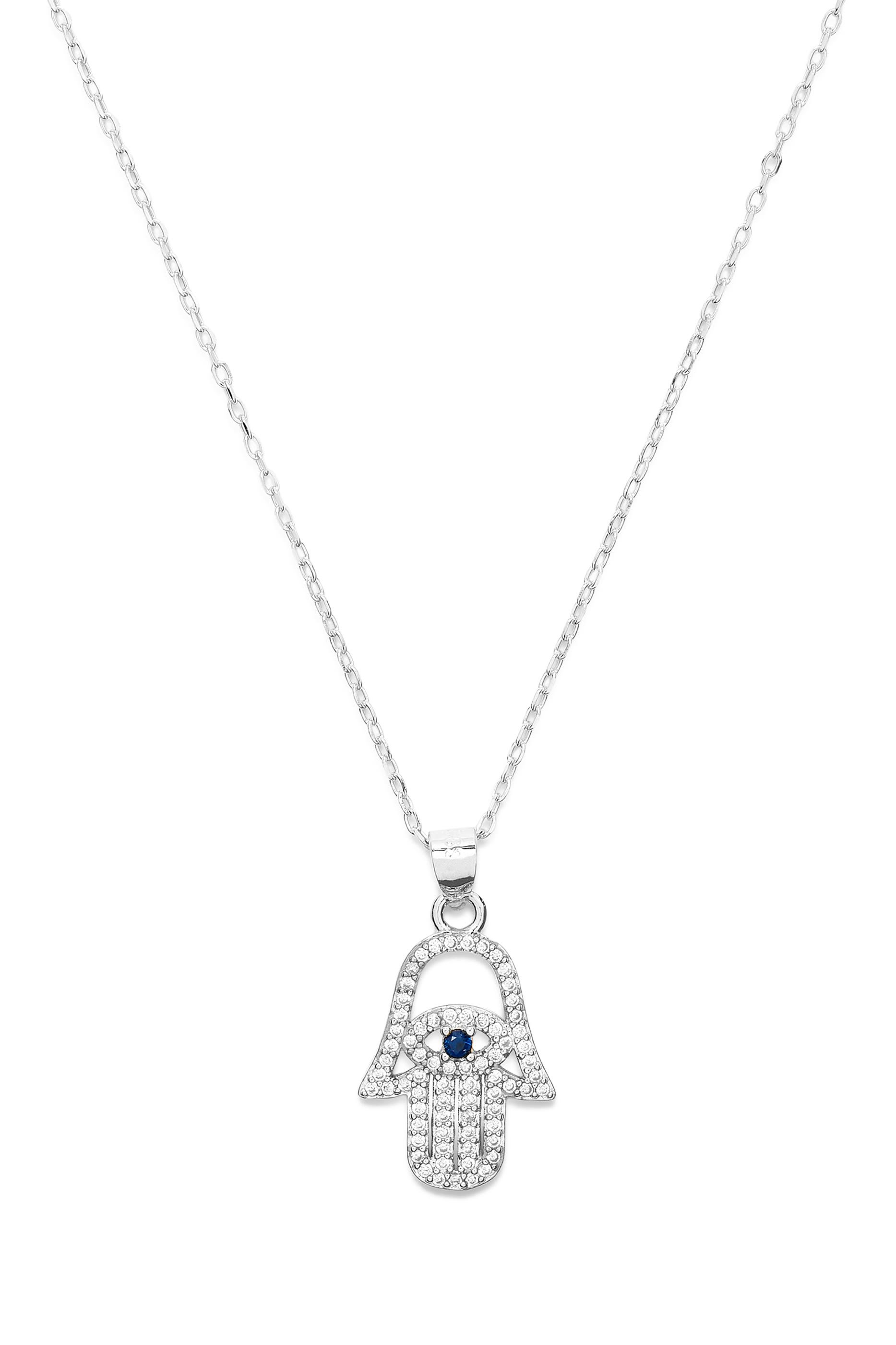  Studded Hamsa Necklace, Sterling Silver & Round cut 5A Cubic Zirconia