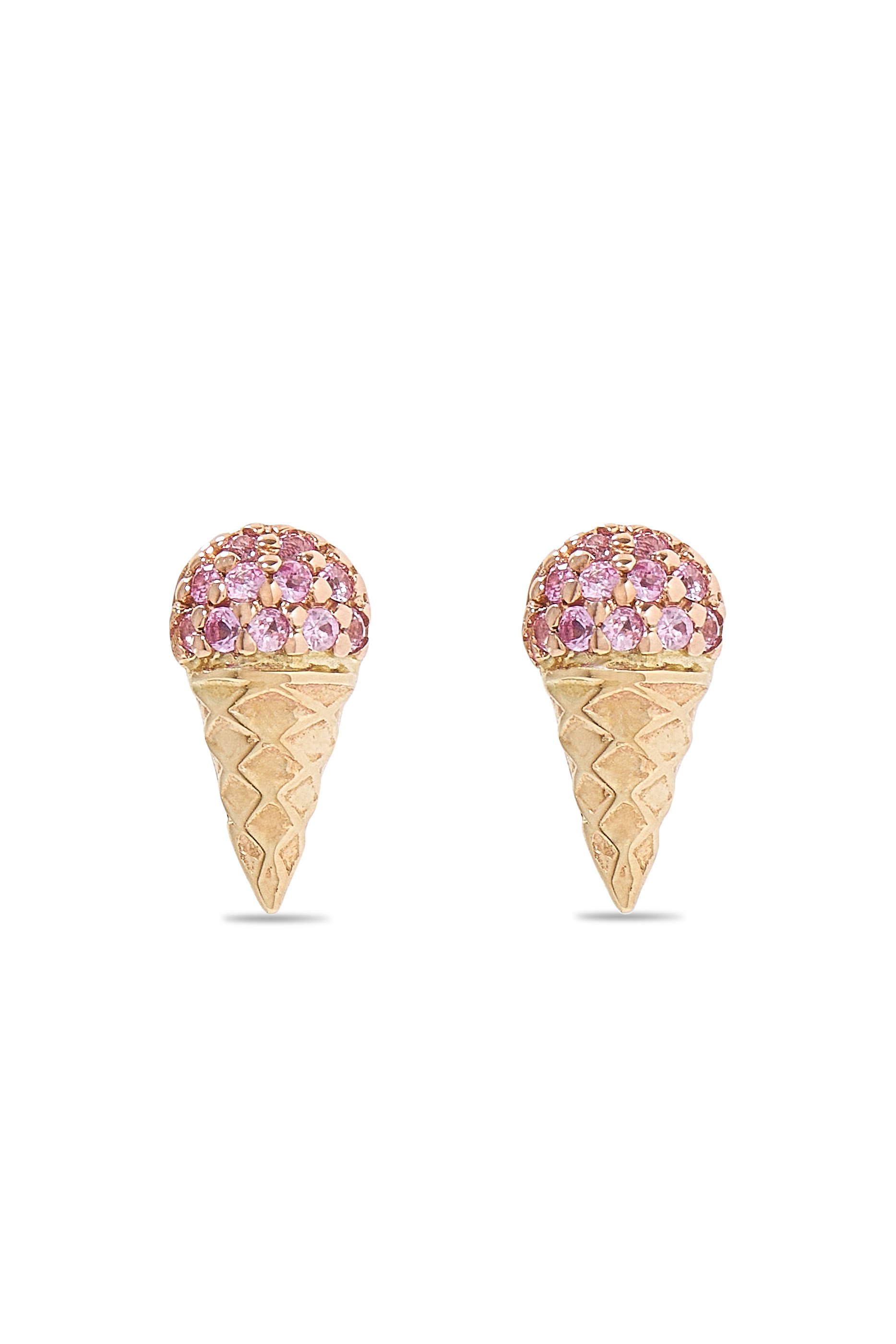 Kids Small Ice Cream Cone Studs, 14K Yellow Gold & Pink Sapphire