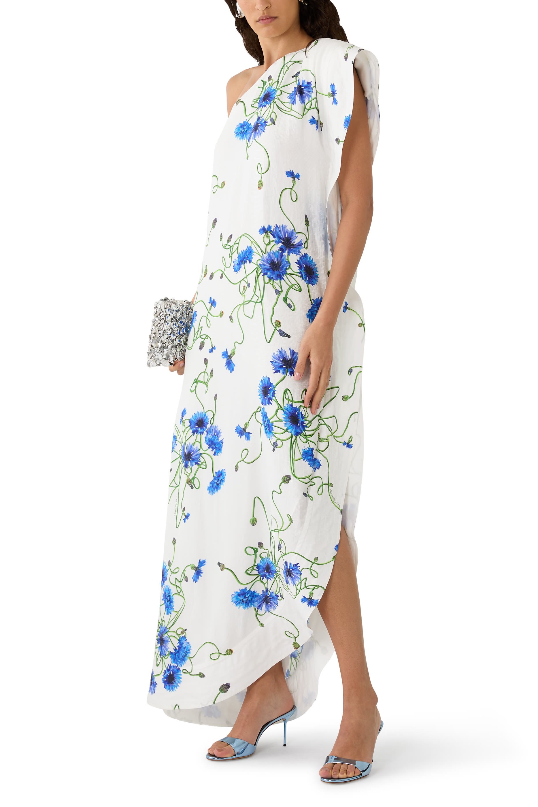  Floral Print Hammered Silk Asymmetric Cocktail Dress 